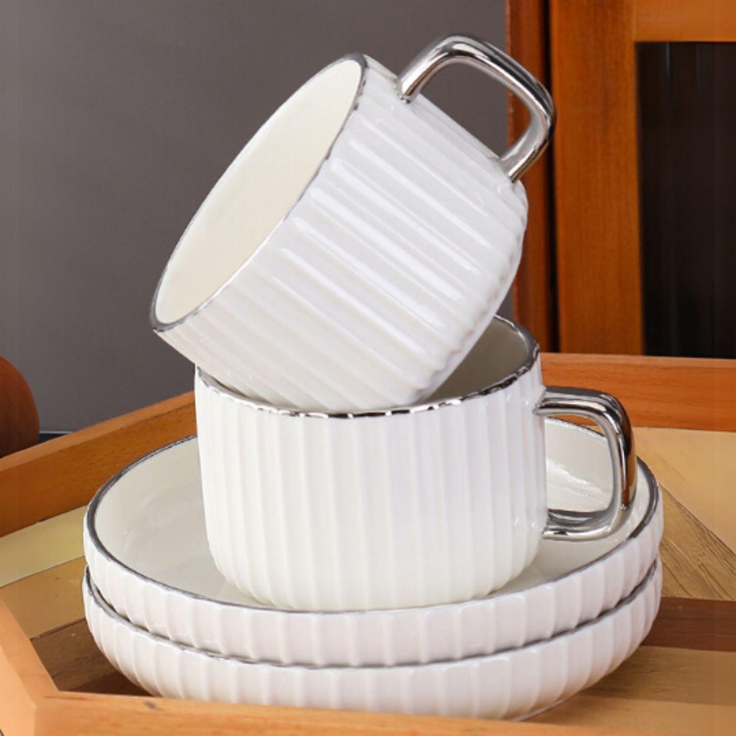 Set Café Tazas y Platos 230ml Lineas Plateado 6un-2