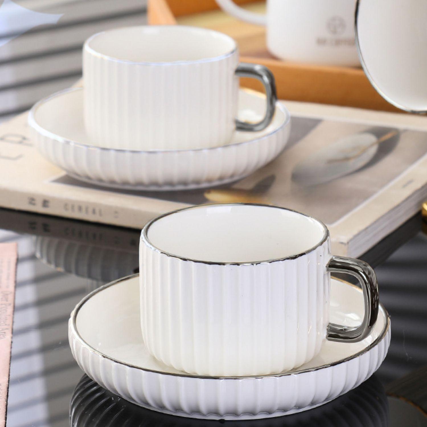 Set Café Tazas y Platos 230ml Lineas Plateado 6un-3