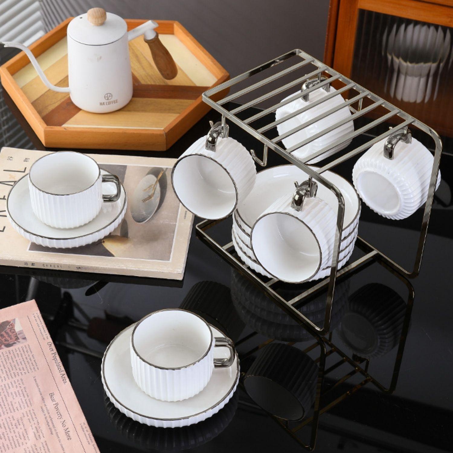 Set Café Tazas y Platos 230ml Lineas Plateado 6un-6