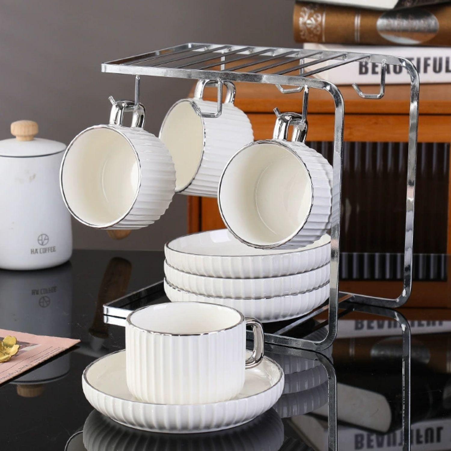 Set Café Tazas y Platos 230ml Lineas Plateado 6un-7