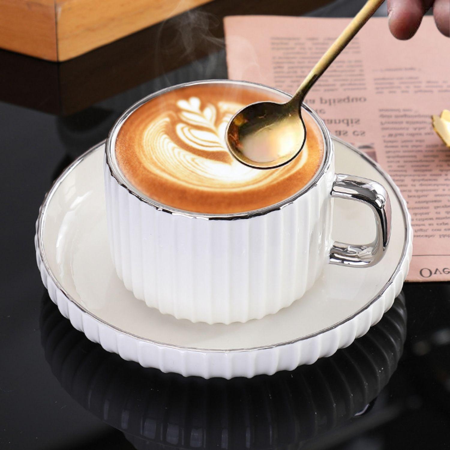 Set Café Tazas y Platos 230ml Lineas Plateado 6un-8