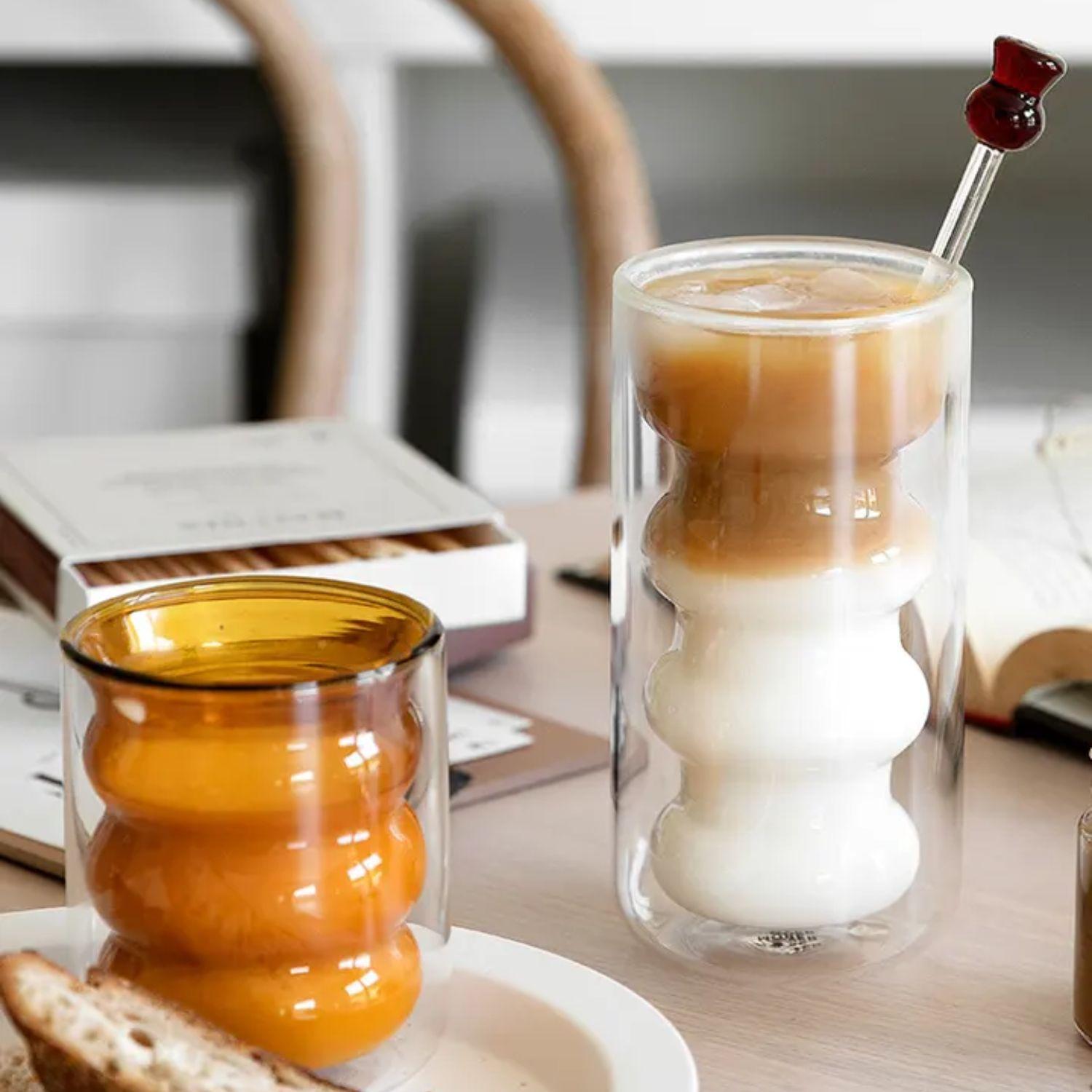 Set 4 Vasos Vidrio Doble Fondo Ondas Alto-2