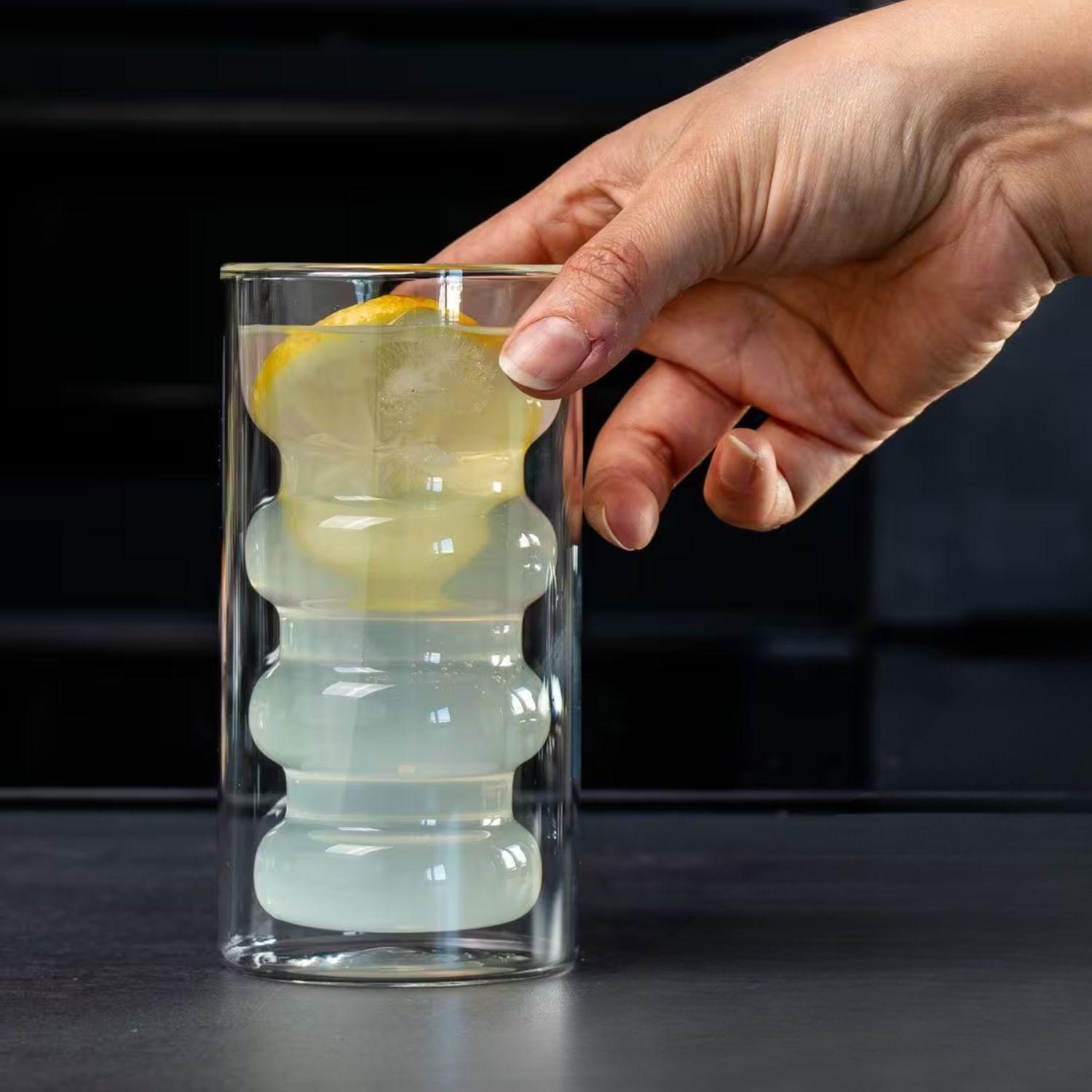 Set 4 Vasos Vidrio Doble Fondo Ondas Alto-4