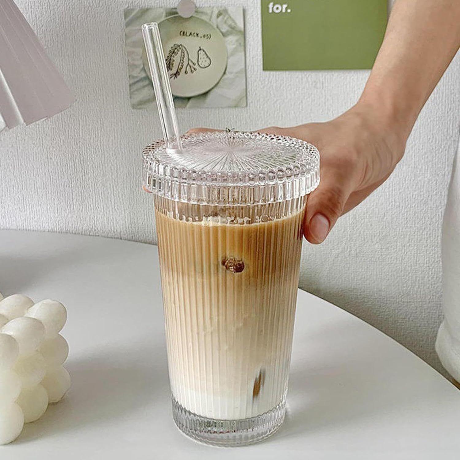 Vaso de Vidrio con Bombilla y Tapa Rayas 380 ml-5