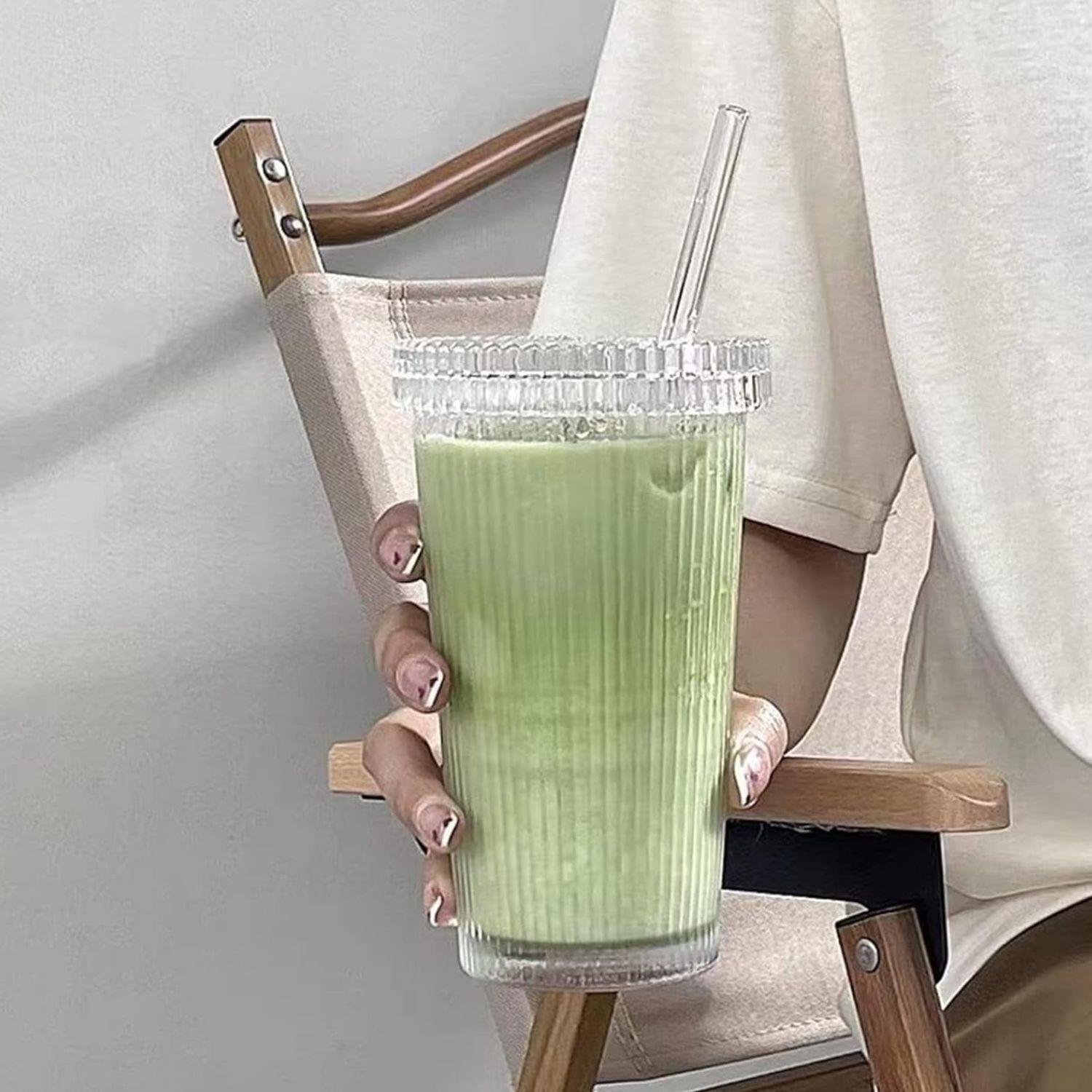 Vaso de Vidrio con Bombilla y Tapa Rayas 380 ml-6