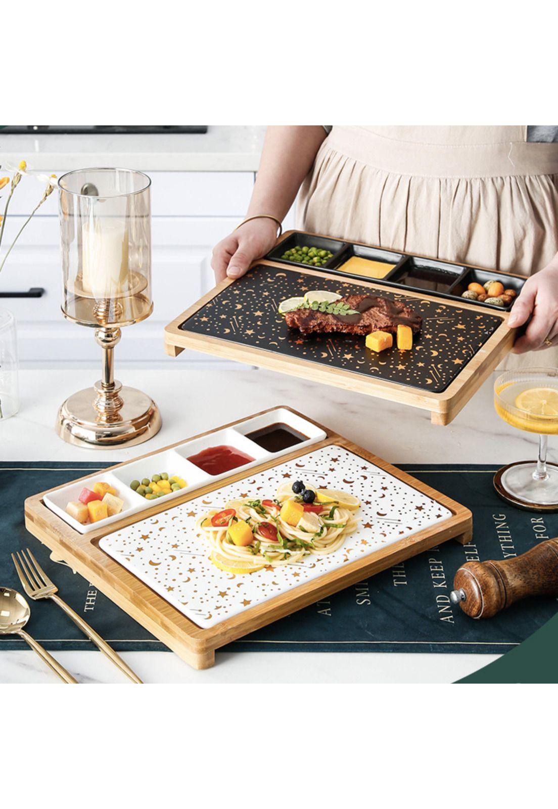 Tabla Bandeja Aperitivos Picoteo De Cerámica Con Soporte  Blanco-3
