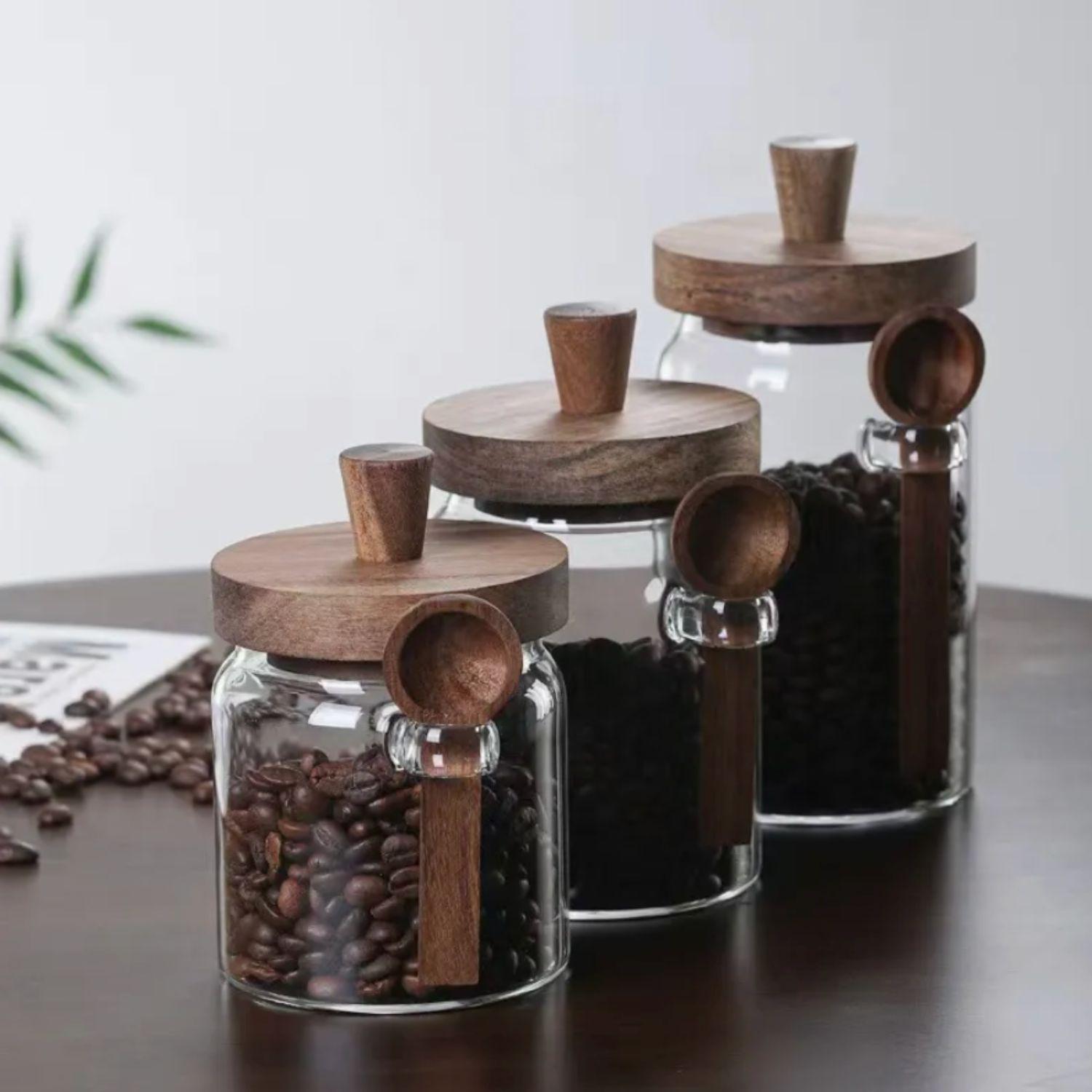 Contenedores de Vidrio Tapa Madera y Cucharita 3un-2