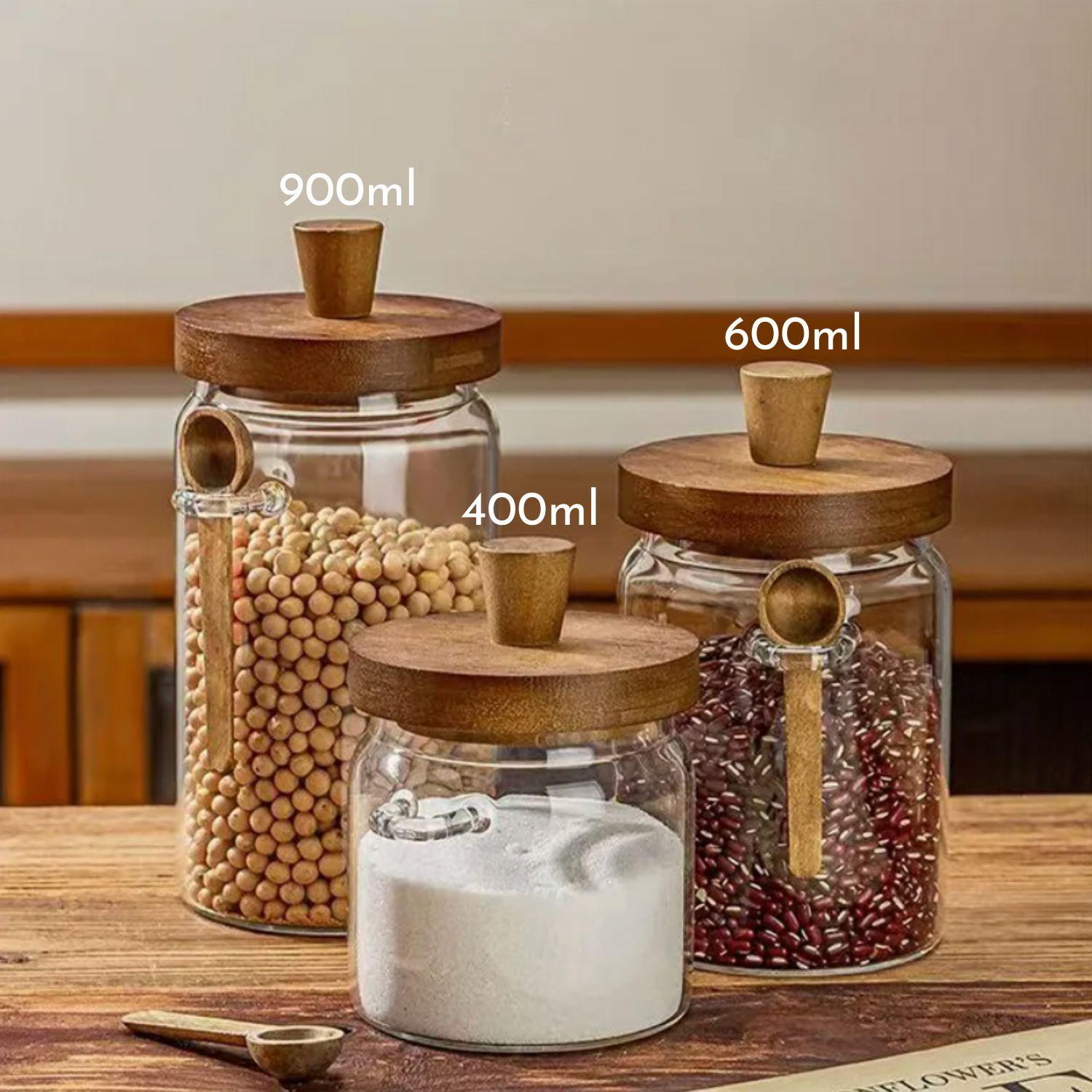 Contenedores de Vidrio Tapa Madera y Cucharita 3un-5