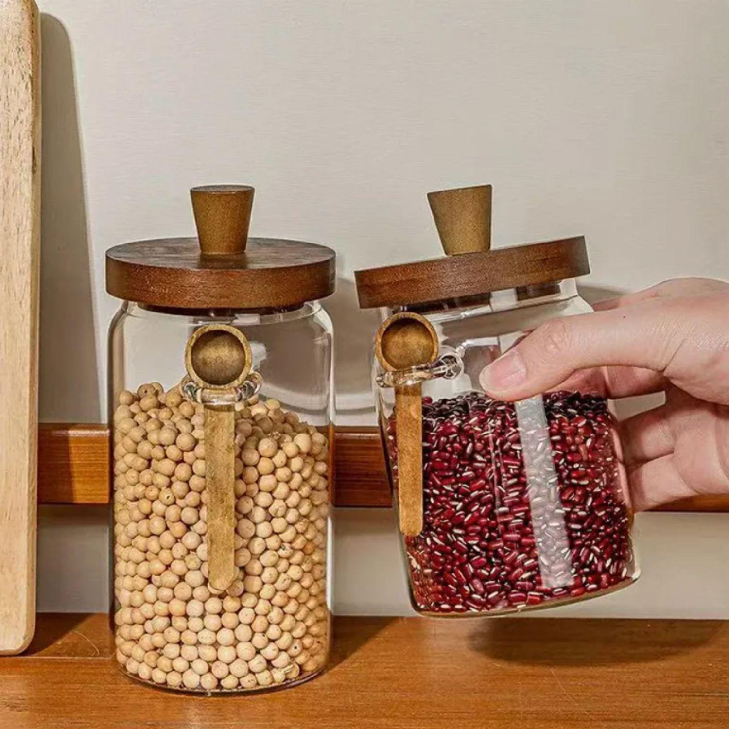 Contenedores de Vidrio Tapa Madera y Cucharita 3un-7