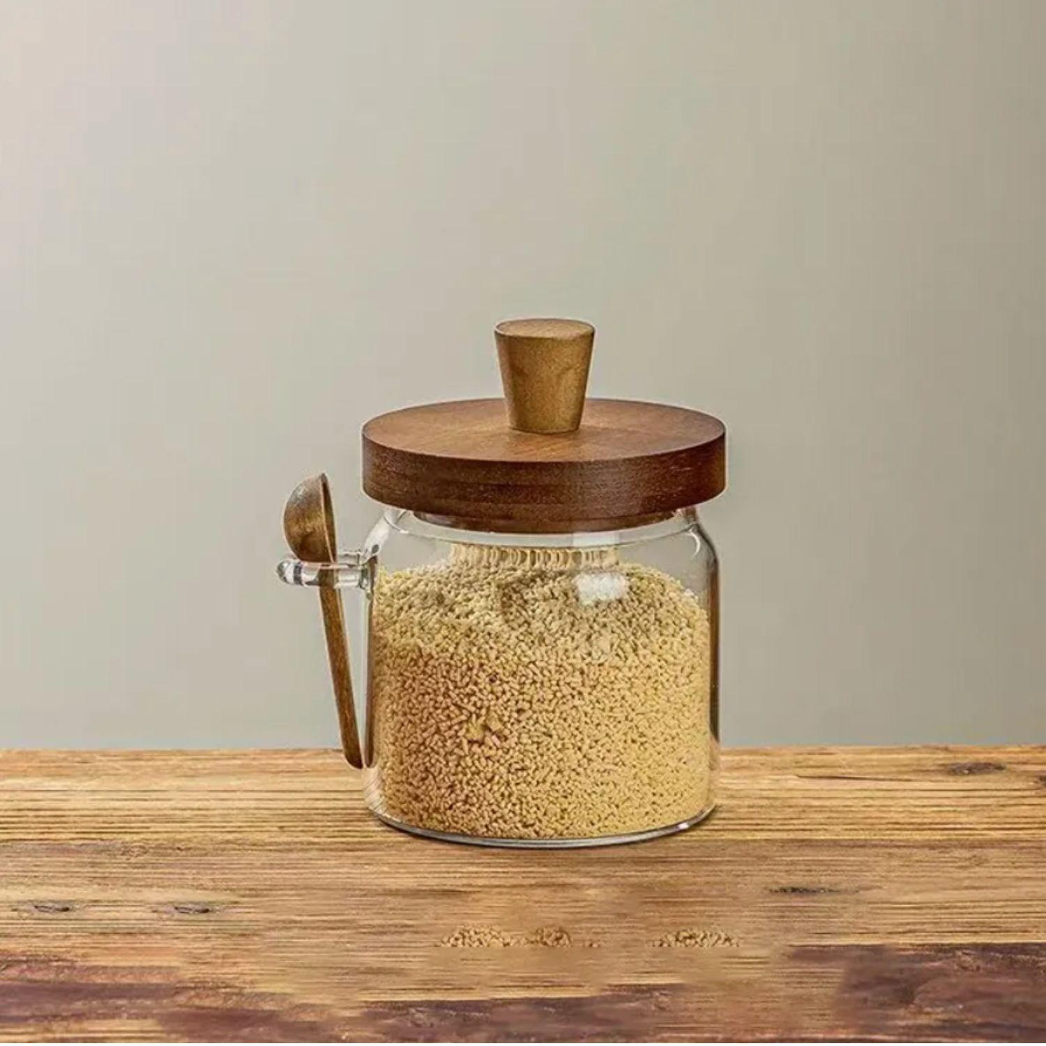 Contenedores de Vidrio Tapa Madera y Cucharita 3un-8