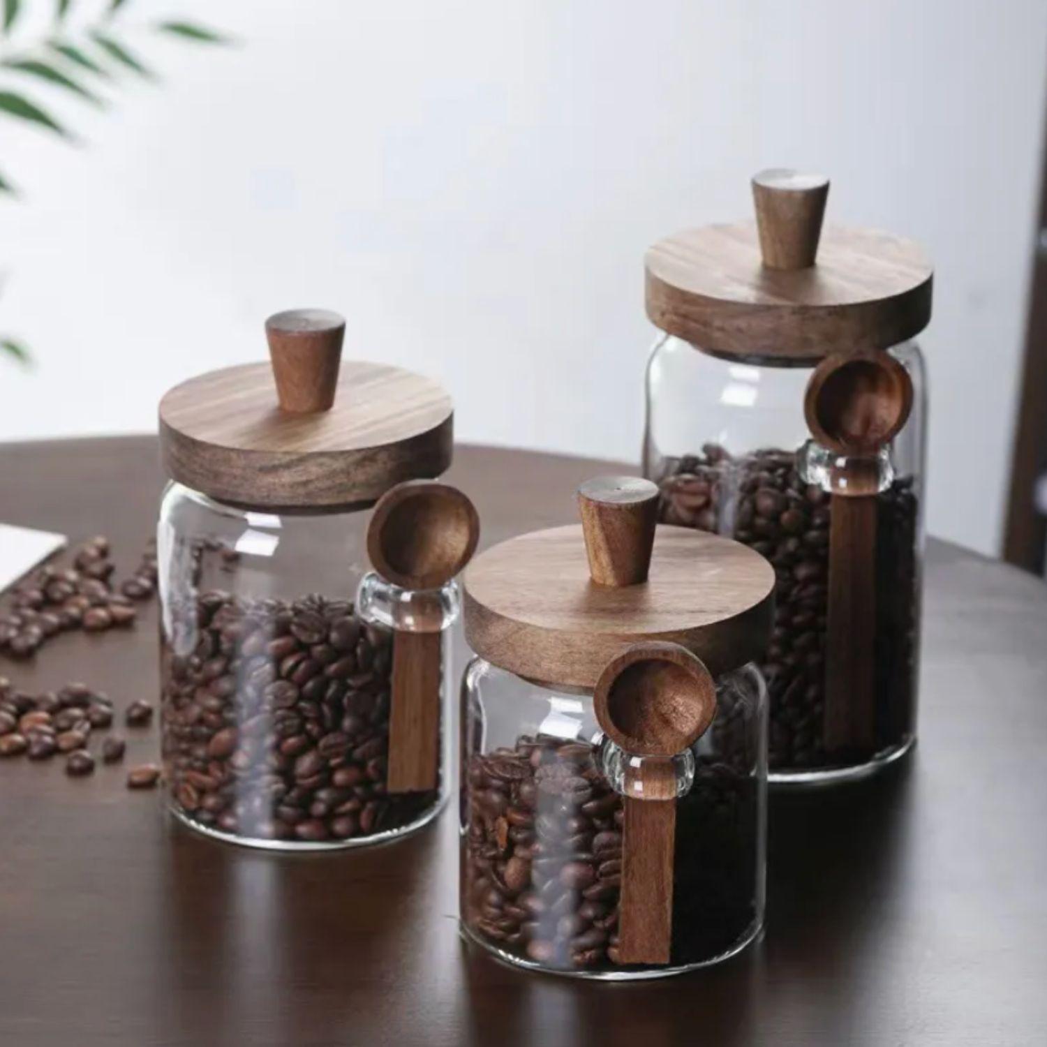 Set 3 Frascos Vidrio con Cucharita Madera para Condimentos y Café-2