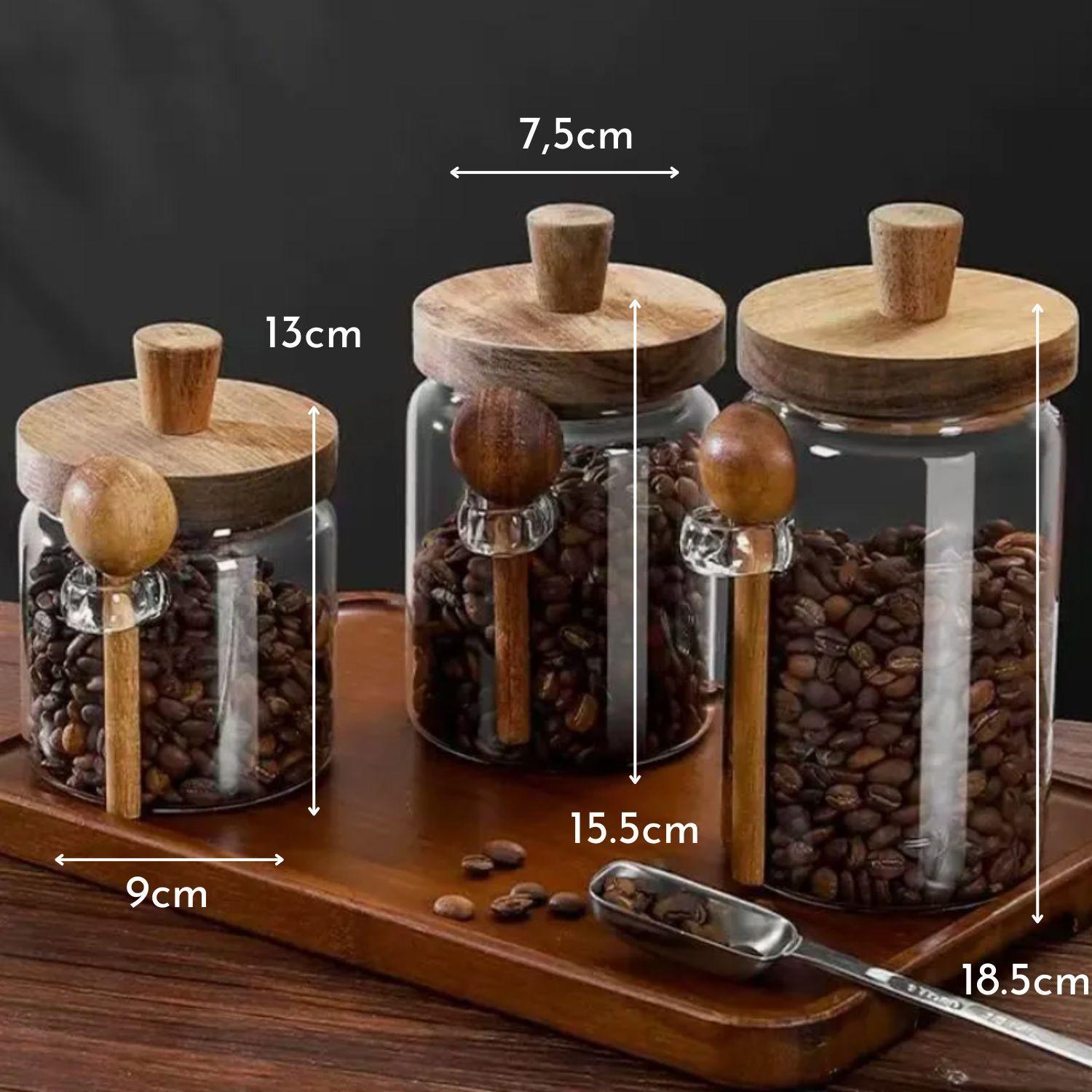Set 3 Frascos Vidrio con Cucharita Madera para Condimentos y Café-4