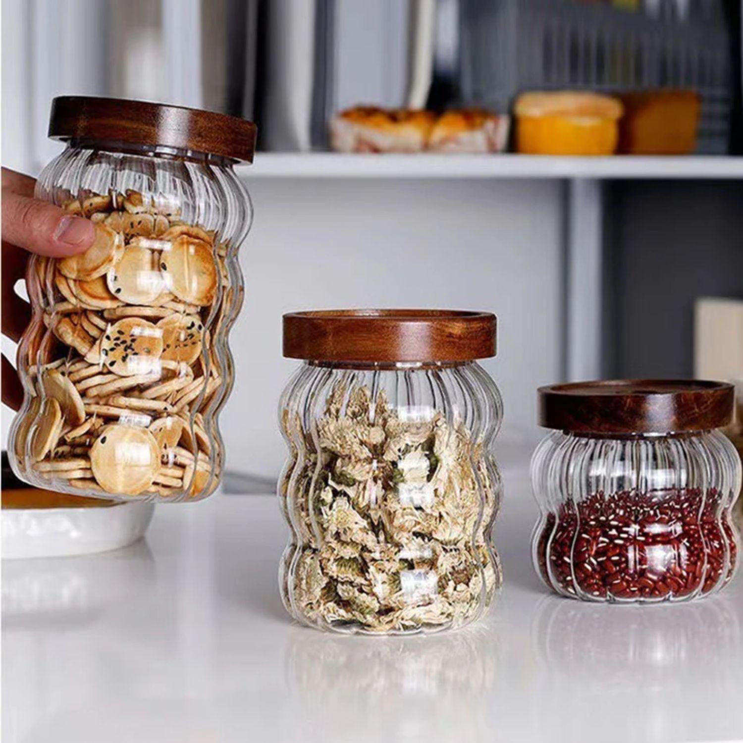 Frascos de Vidrio Tapa Madera y Ondas Set 3un-3