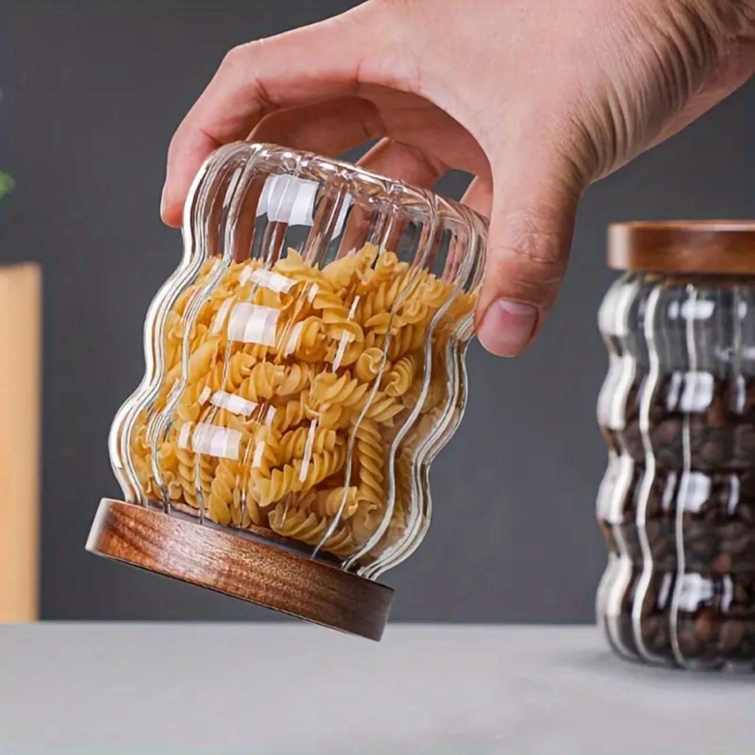 Frascos de Vidrio Tapa Madera y Ondas Set 3un-4