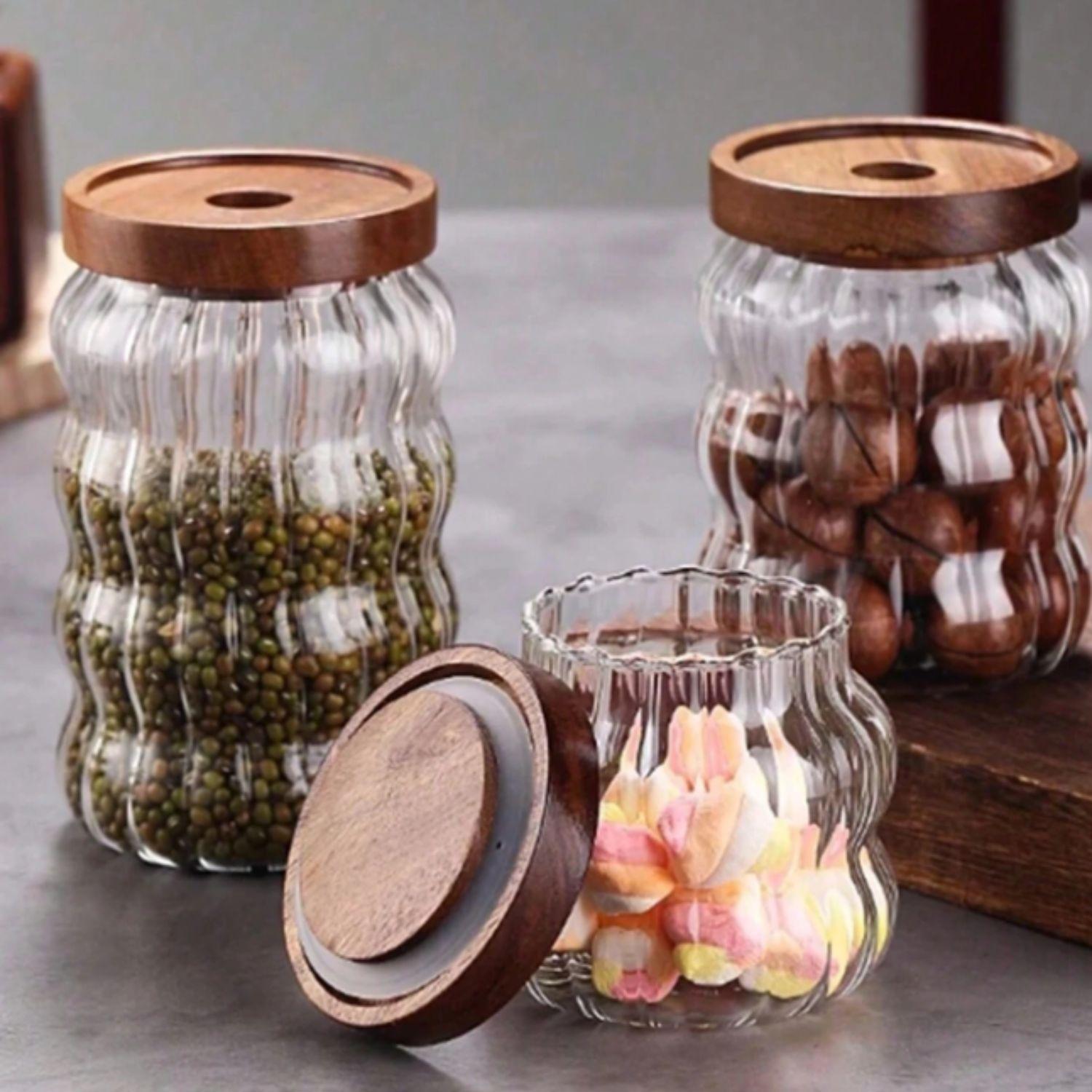 Frascos de Vidrio Tapa Madera y Ondas Set 3un-5