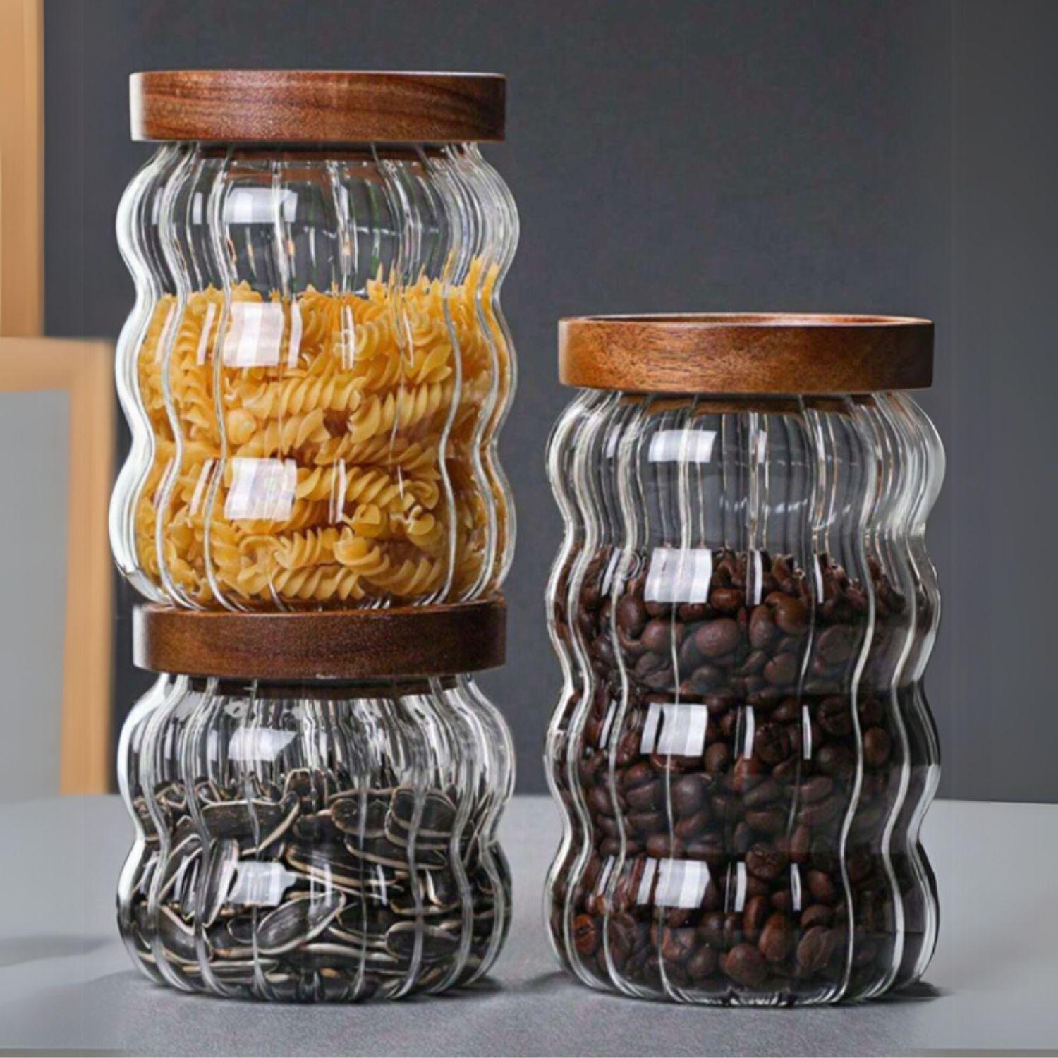 Frascos de Vidrio Tapa Madera y Ondas Set 3un-6