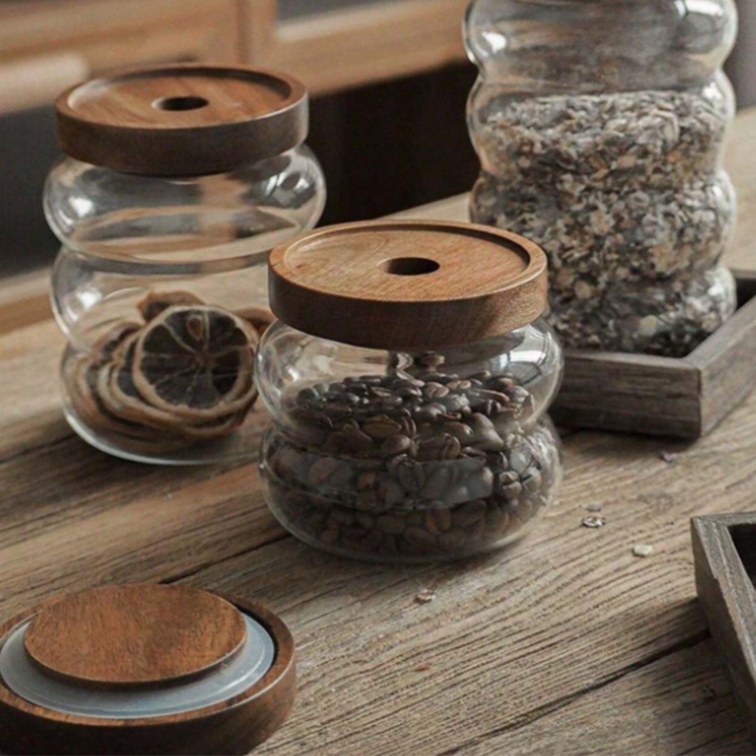 Frascos de Vidrio Tapa Madera y Ondas Set 3un-9