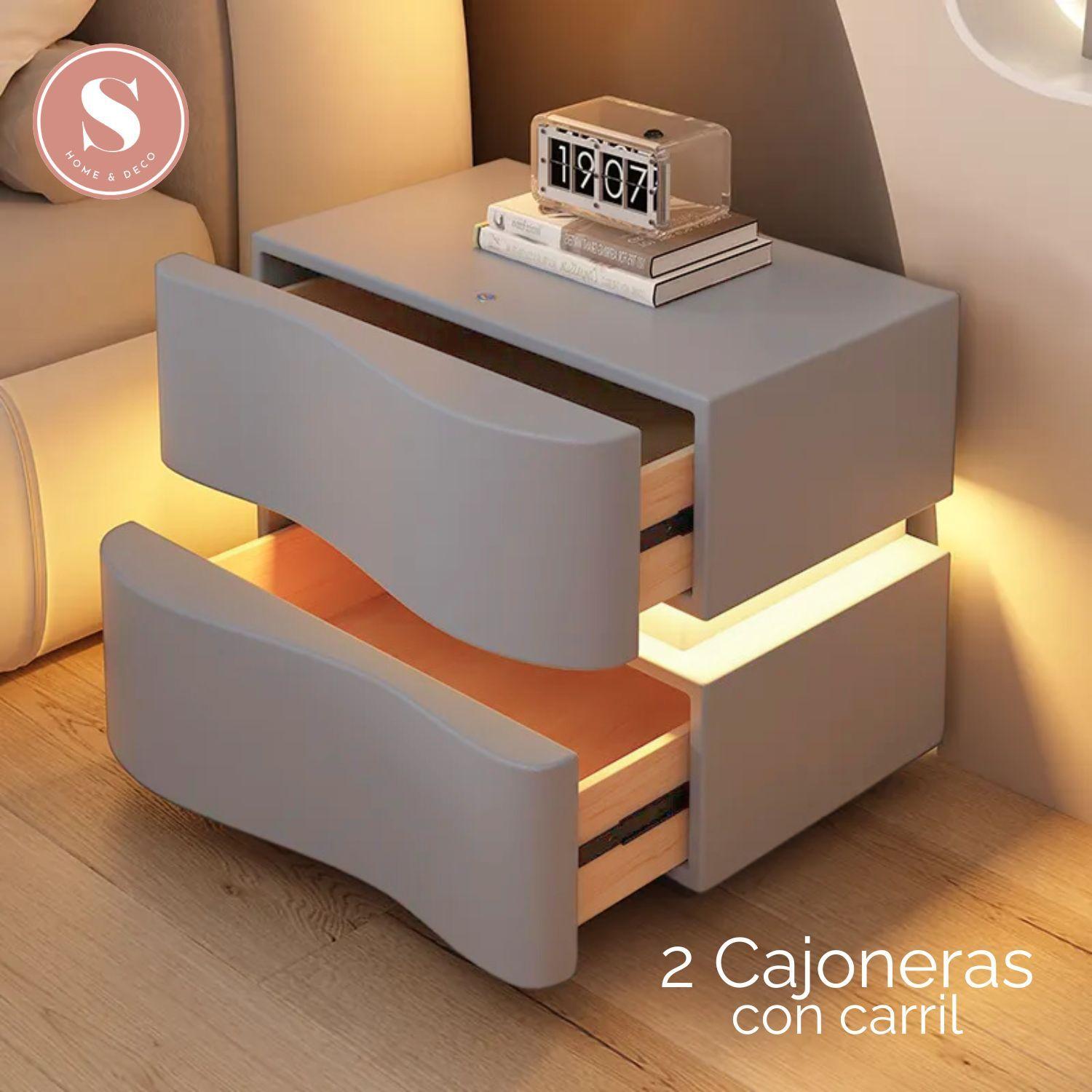 Velador doble Cajón con luz Led Gris-2