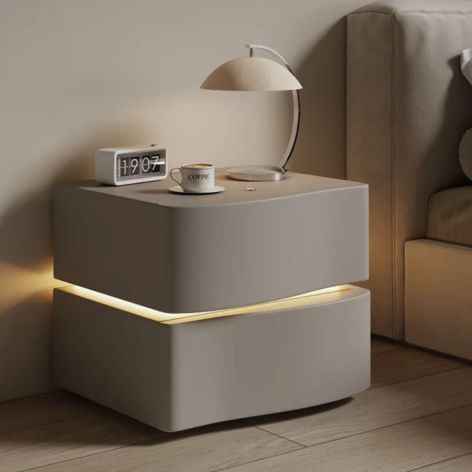 Velador doble Cajón con luz Led Gris-0