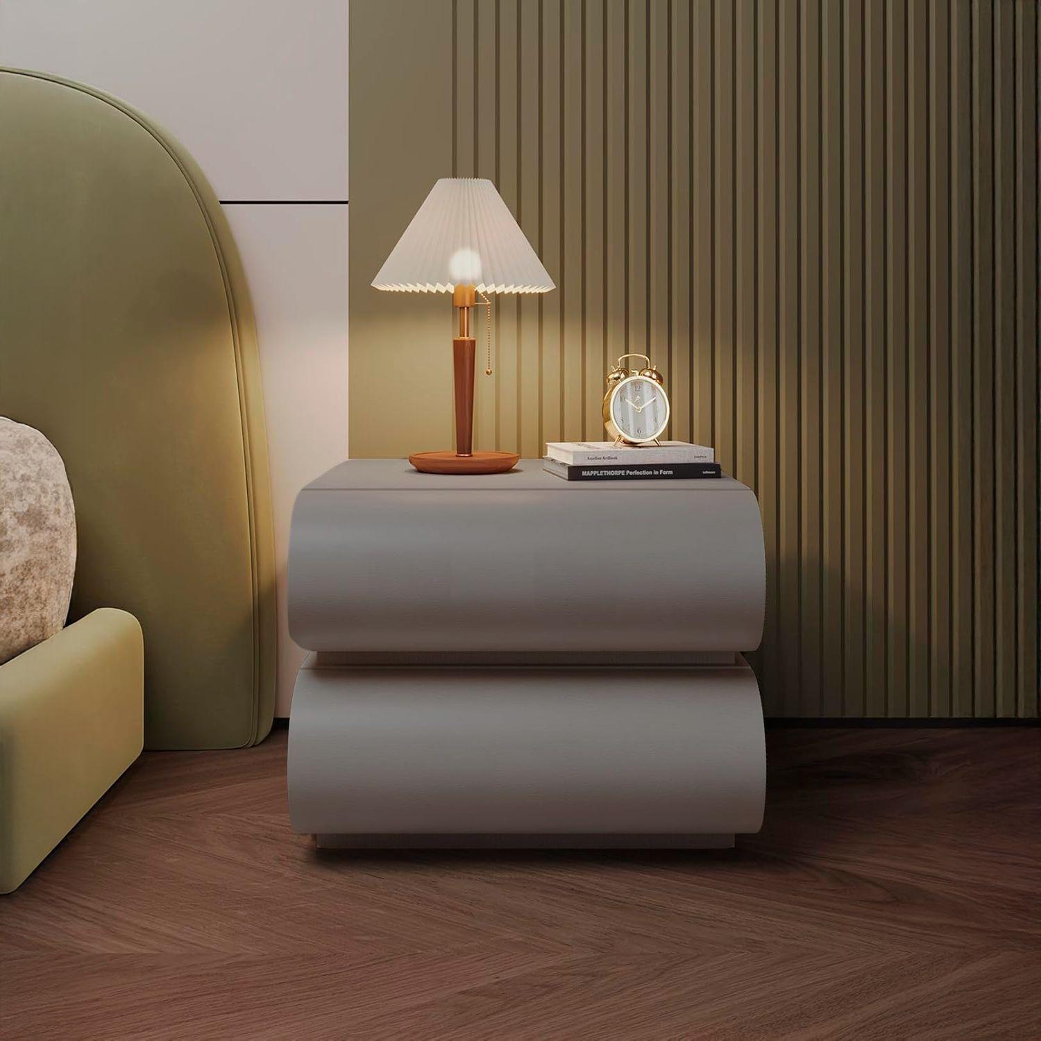 Velador Minimalista Gris Claro Doble Cajon-2