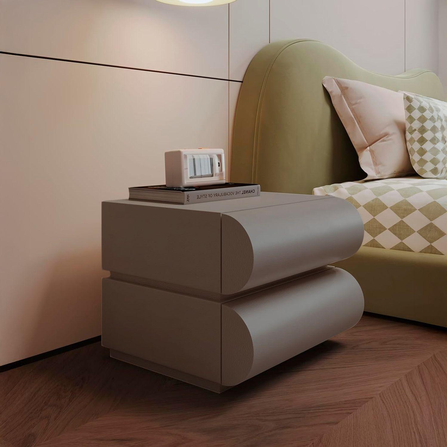 Velador Minimalista Gris Claro Doble Cajon-4