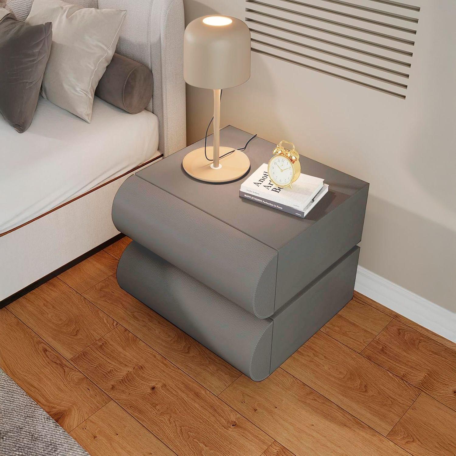 Velador Minimalista Gris Claro Doble Cajon-7