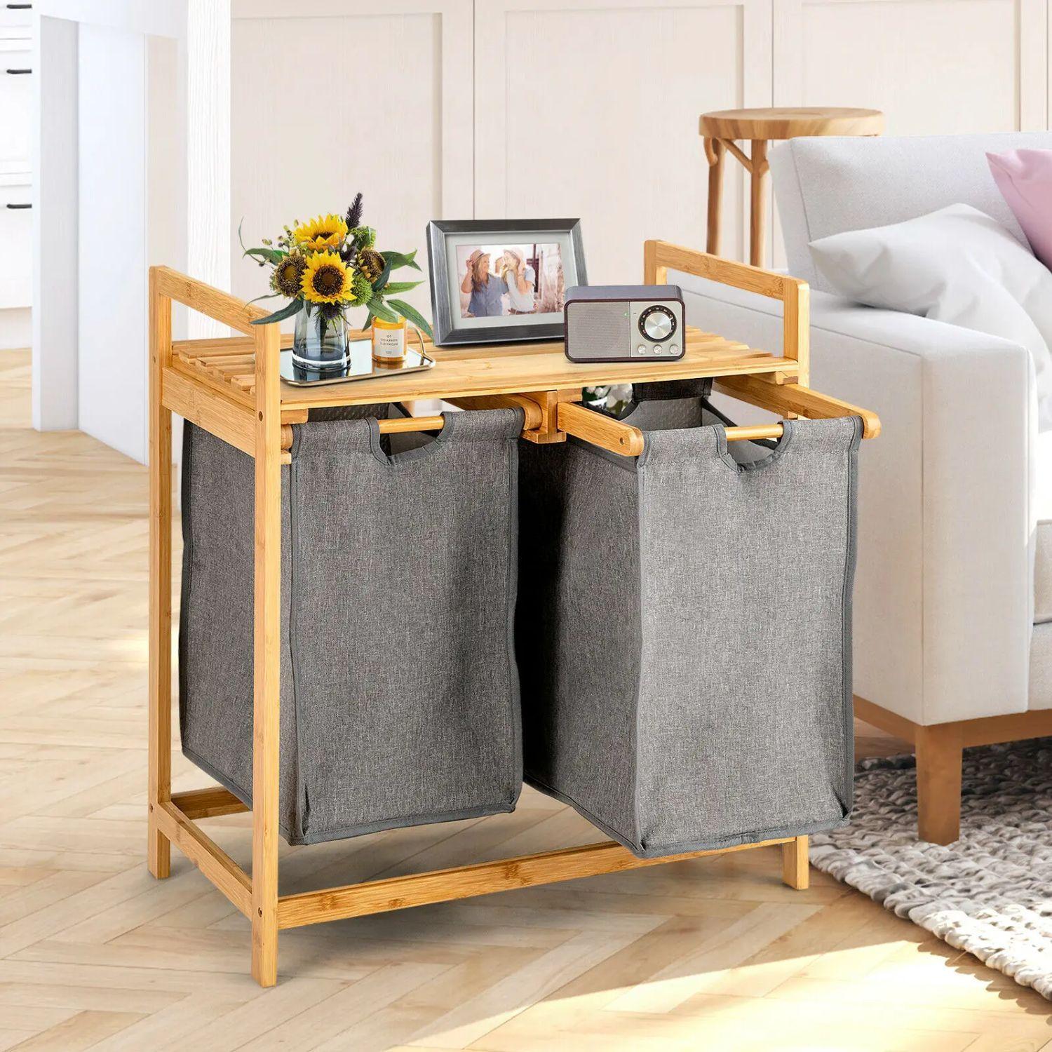 Cesta Canasto De Ropa Sucia Con Soporte De Bambu Gris-3