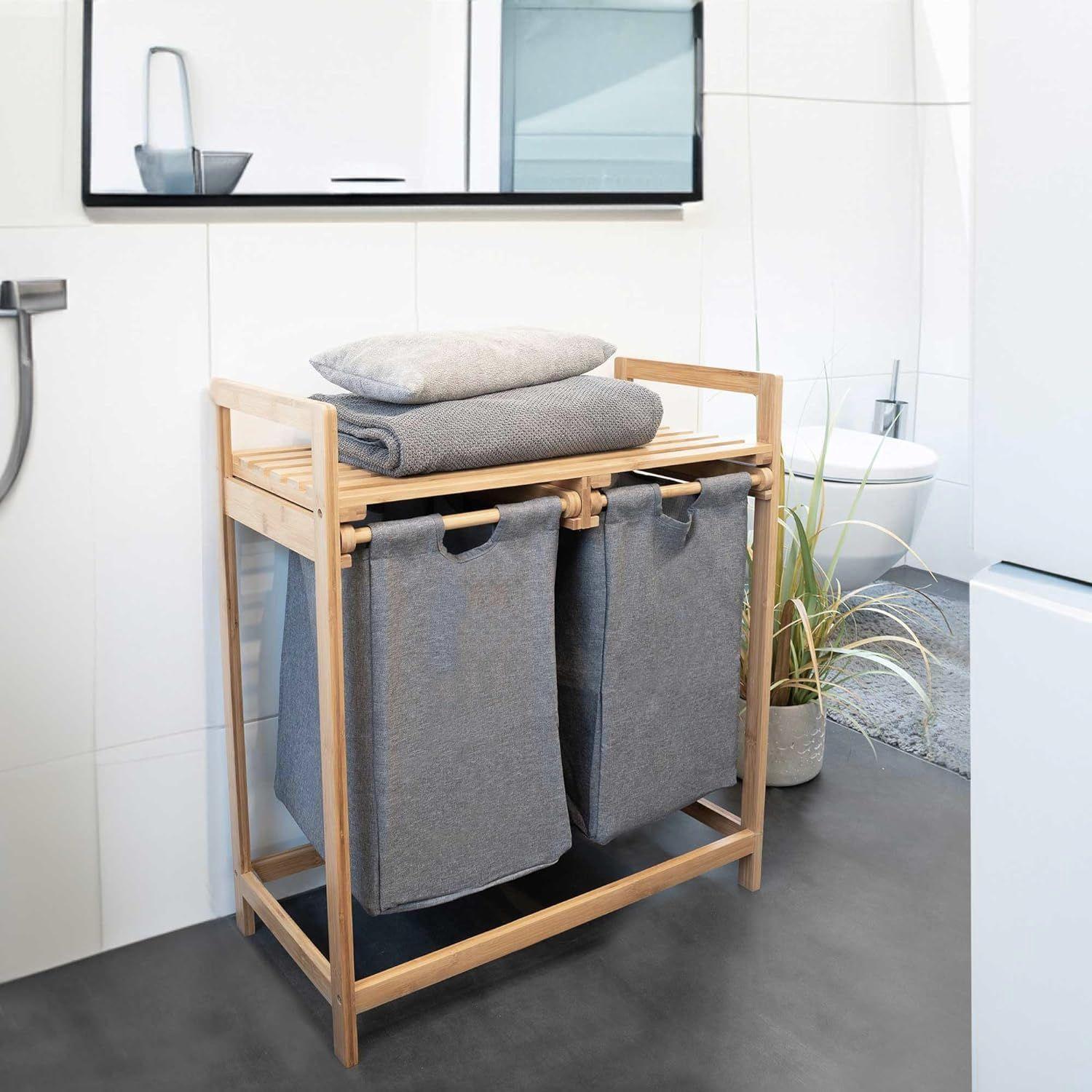 Cesta Canasto De Ropa Sucia Con Soporte De Bambu Gris-5