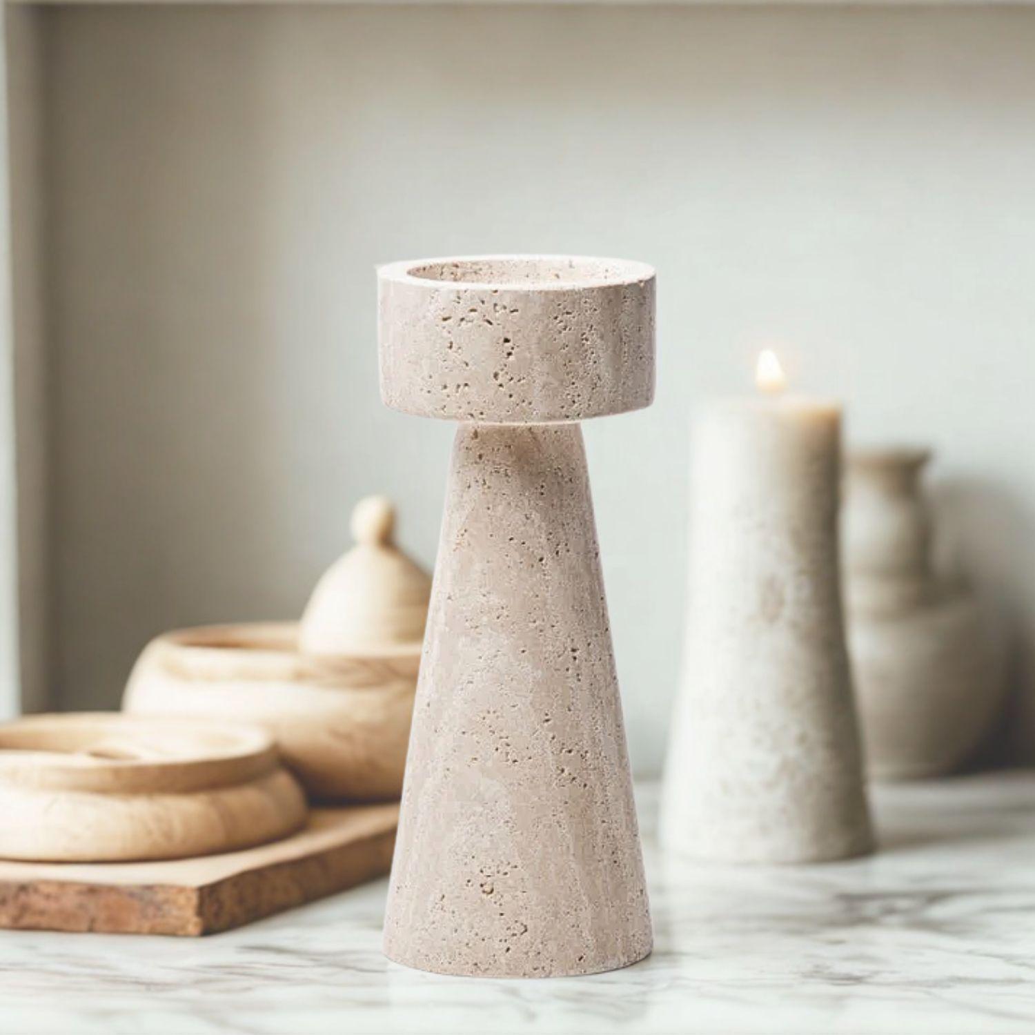 Candelabro Portavelas Marmol Travertino Torre Grande-2