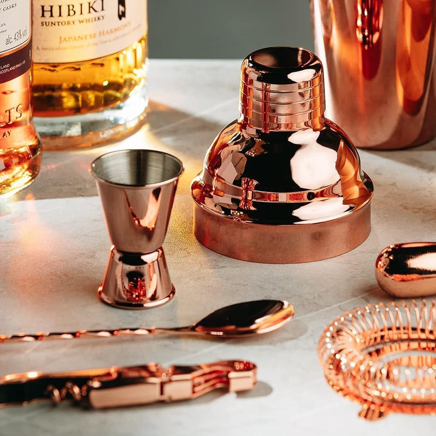 Set de Coctelería Metálico Rosa con Soporte Madera Bartender-2