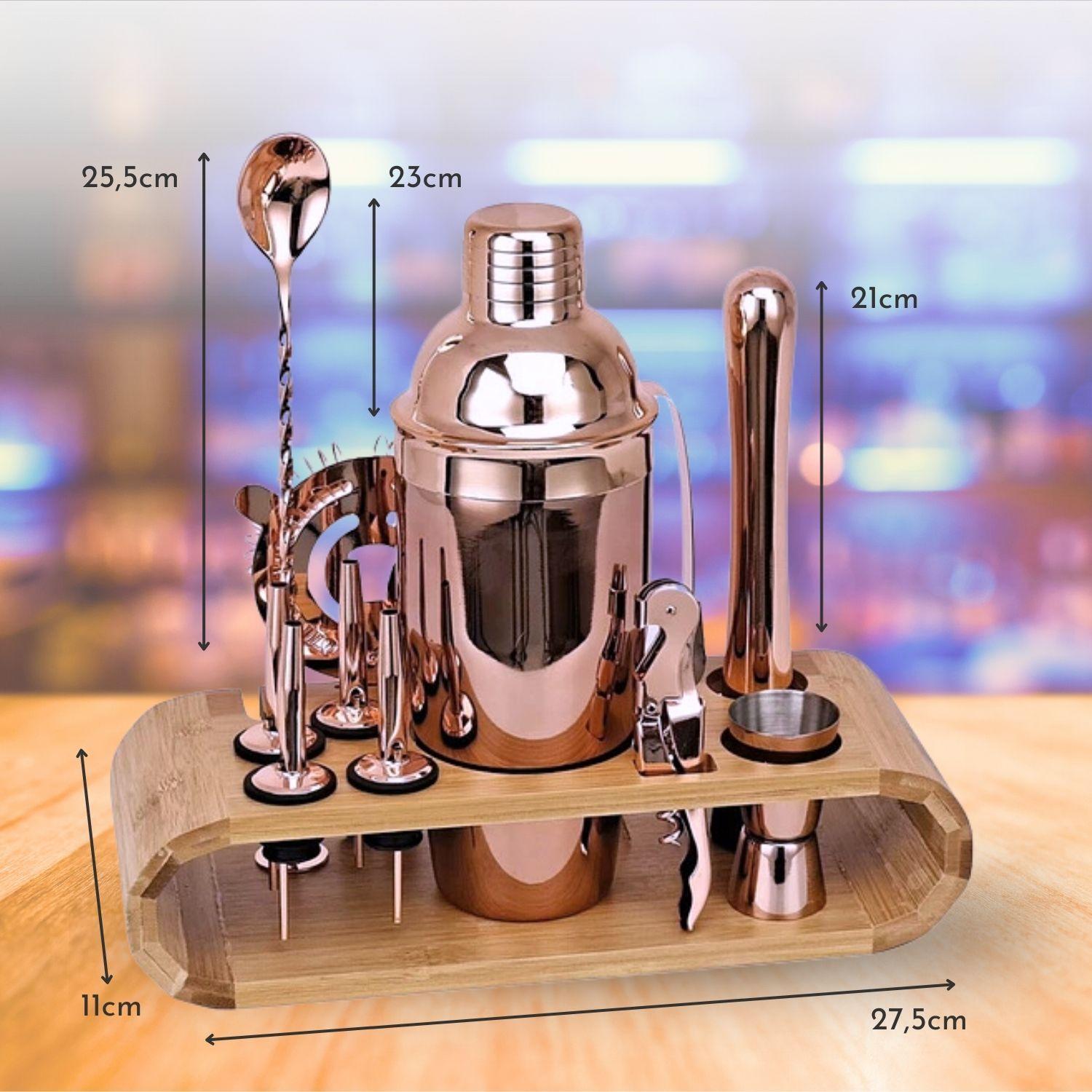 Set de Coctelería Metálico Rosa con Soporte Madera Bartender-6