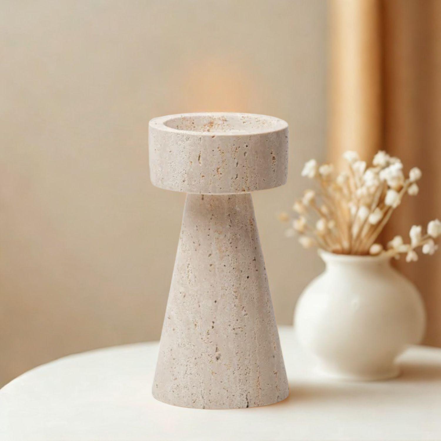 Candelabro Portavelas Marmol Travertino Torre Pequeño-2