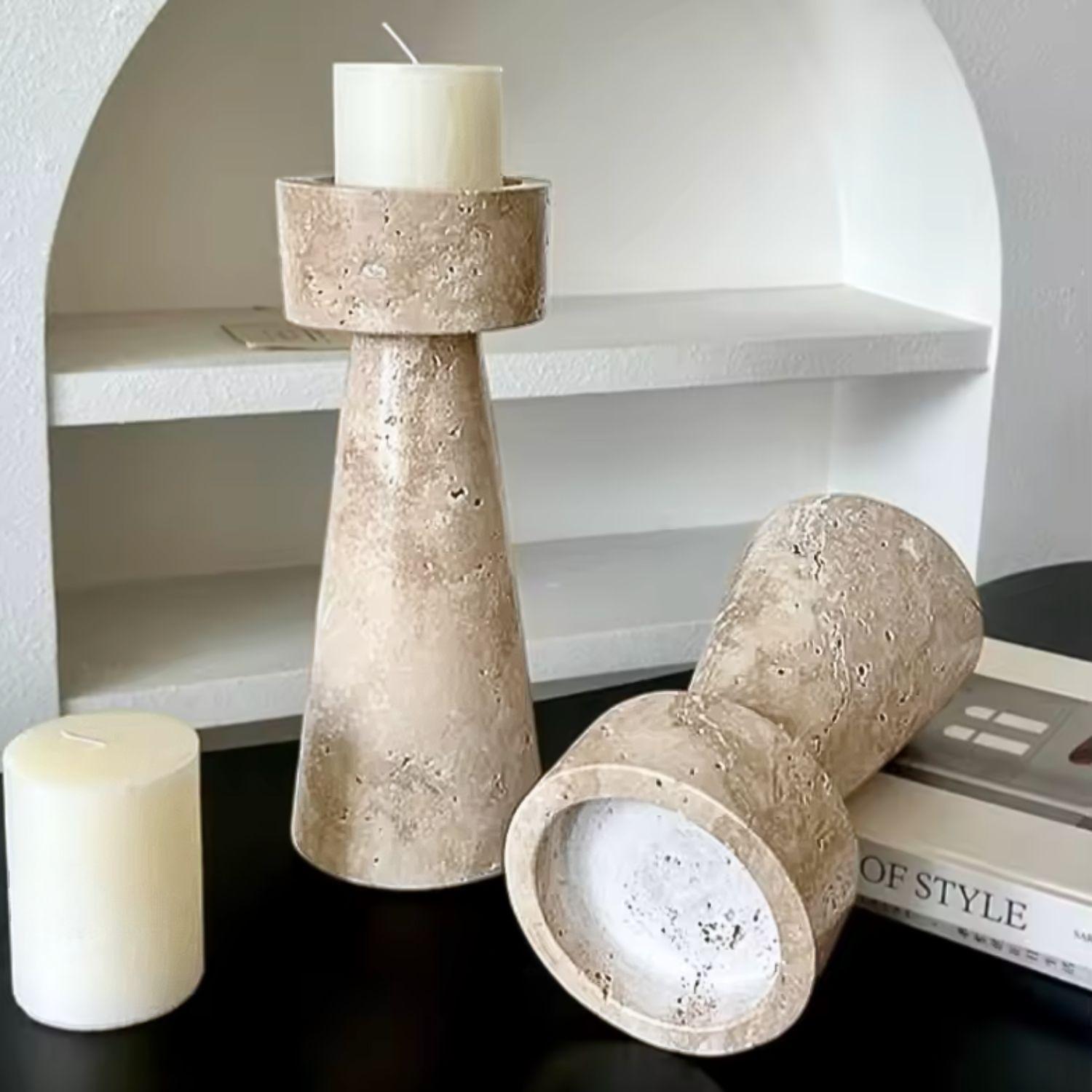 Candelabro Portavelas Marmol Travertino Torre Pequeño-6