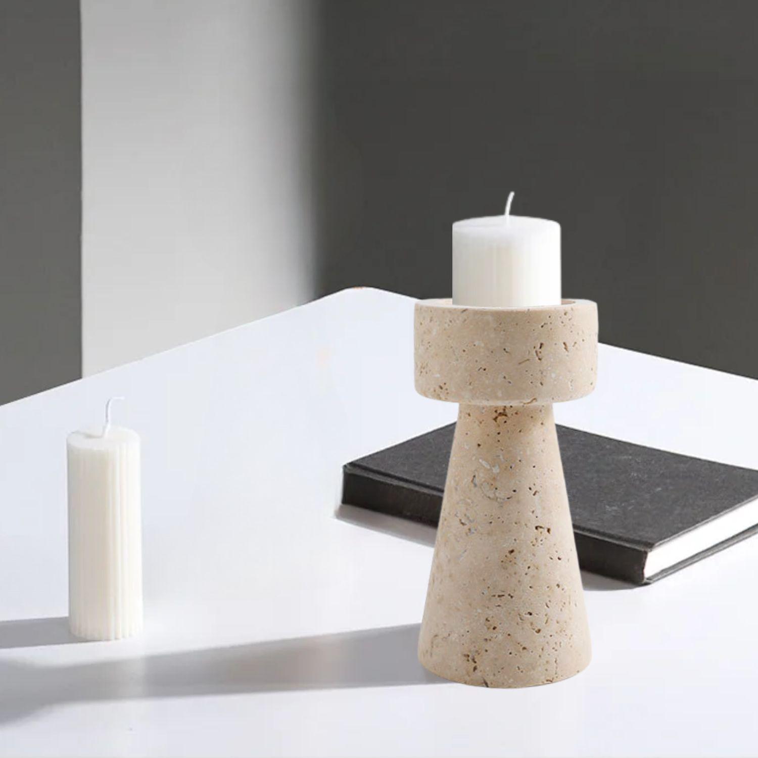 Candelabro Portavelas Marmol Travertino Torre Pequeño-9