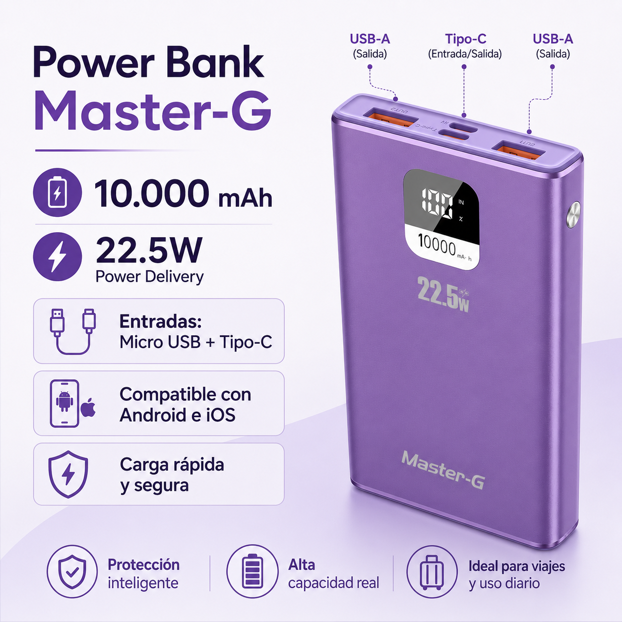 Batería Externa Power Bank 10000 Mah 22.5W UCP10MPD Morada-2