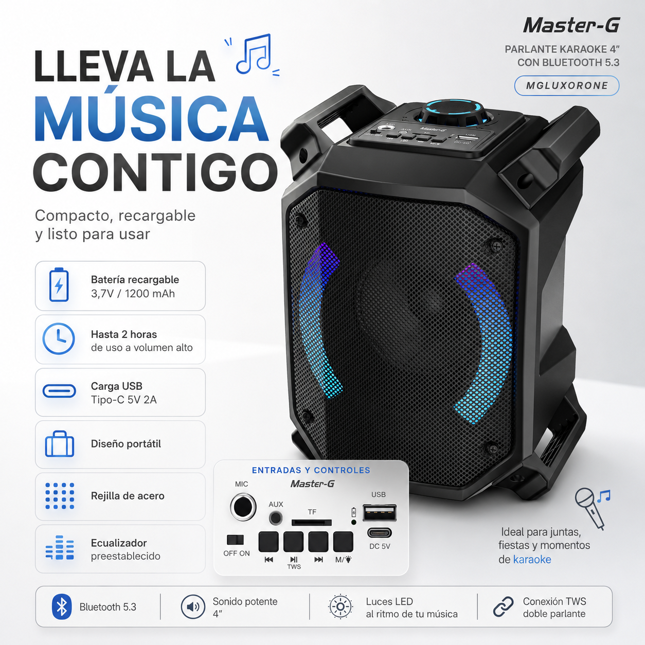 Parlante Bluetooth Karaoke Luxor One 4” Micrófono Master-G-3