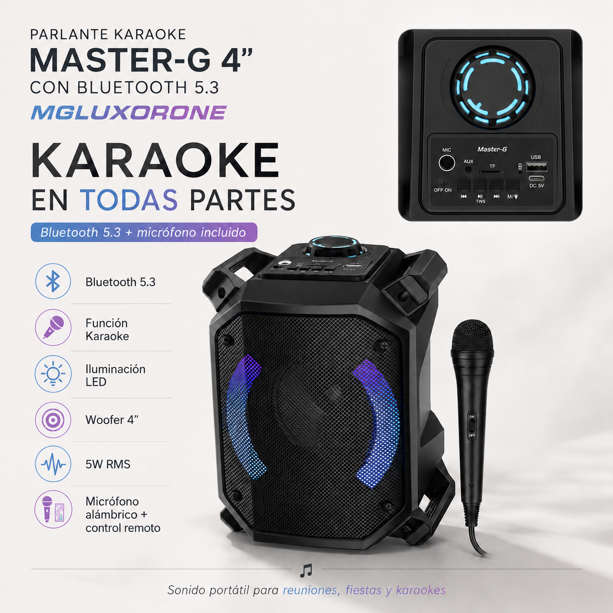 Parlante Bluetooth Karaoke Luxor One 4” Micrófono Master-G-6