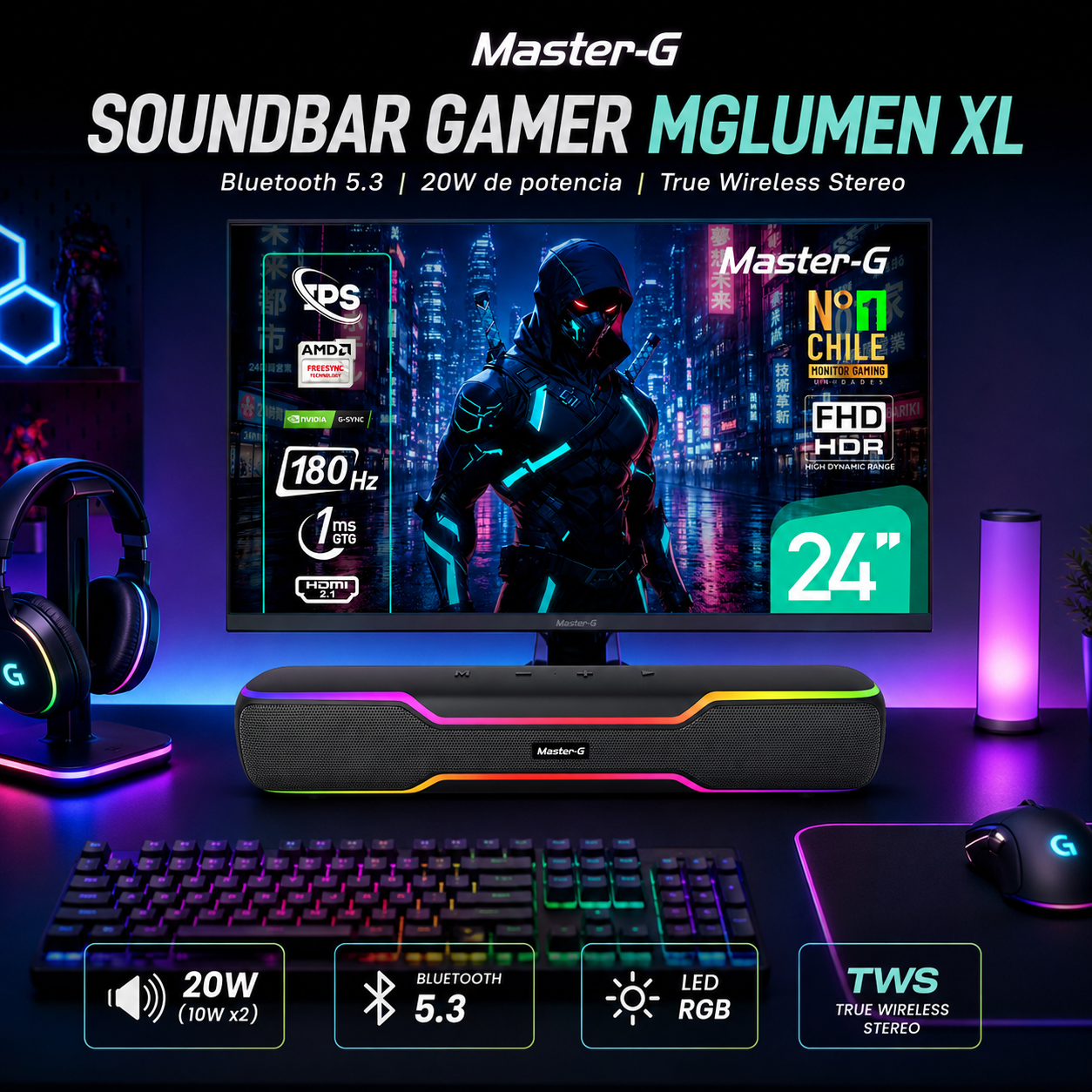 Soundbar Parlante Gamer Bluetooth RGB 20W MGLUMENXL Master-G-2
