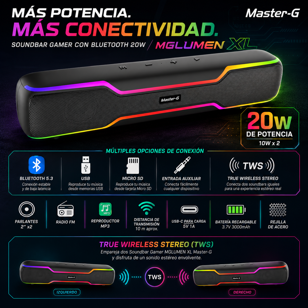 Soundbar Parlante Gamer Bluetooth RGB 20W MGLUMENXL Master-G-3