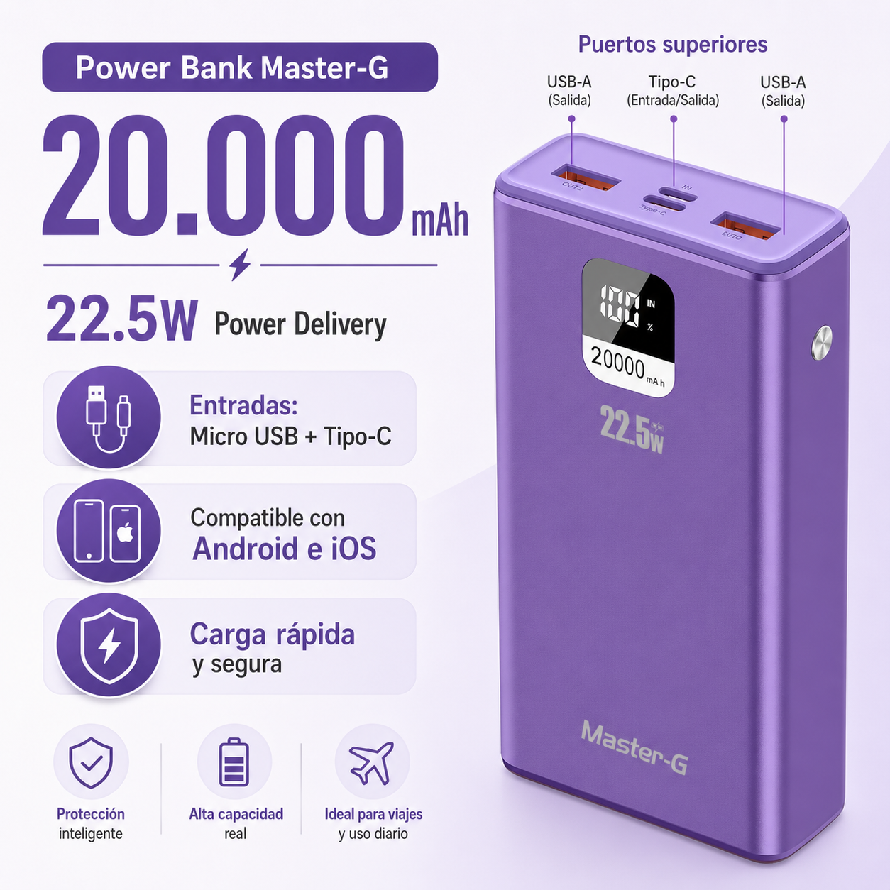 Batería Externa Power Bank 20000 Mah 22.5W UCP20MPD Morada-2
