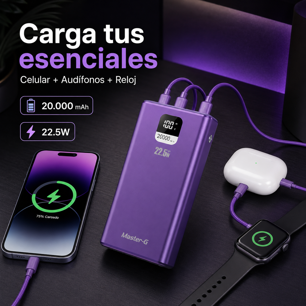 Batería Externa Power Bank 20000 Mah 22.5W UCP20MPD Morada-3