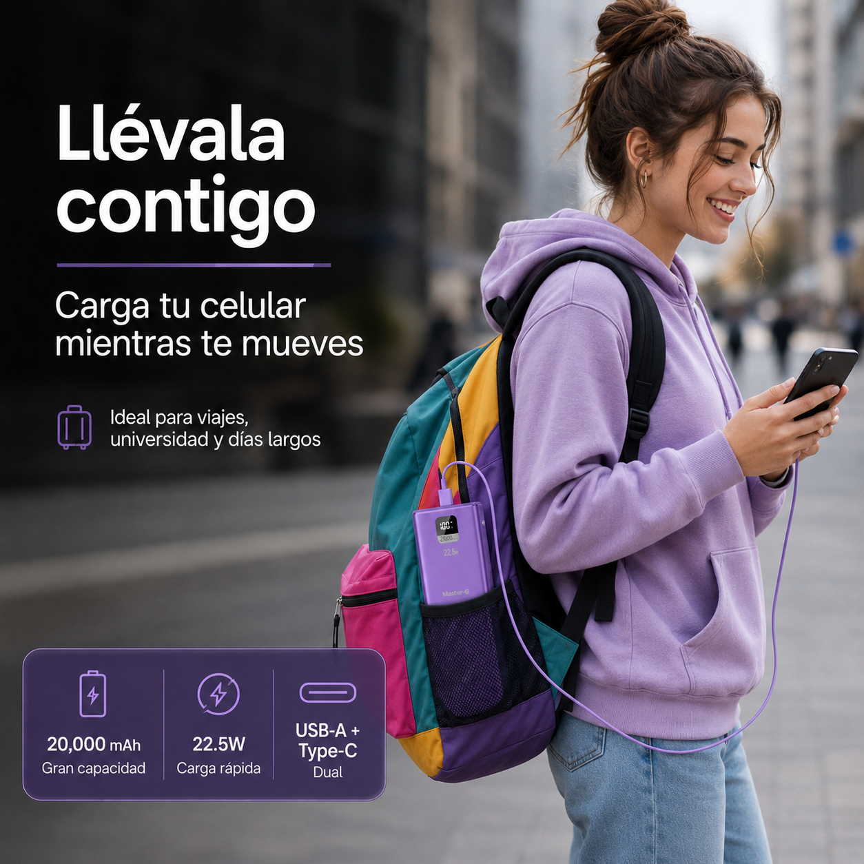 Batería Externa Power Bank 20000 Mah 22.5W UCP20MPD Morada-4