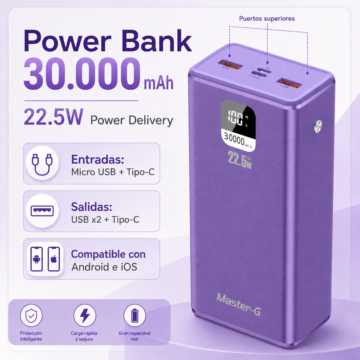 Batería Externa Power Bank 30000 Mah 22.5W UCP30MPD Morada-2