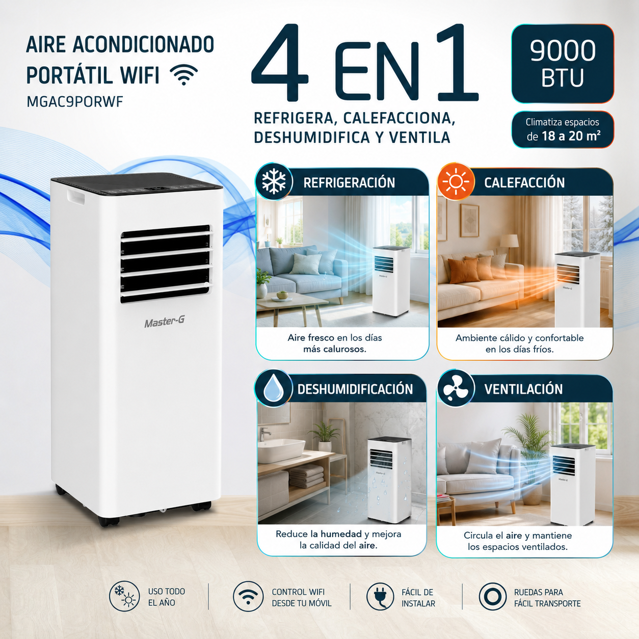 Aire Acondicionado Portátil Wifi 9000 BTU 4 en 1 MGAC9PORWF-2