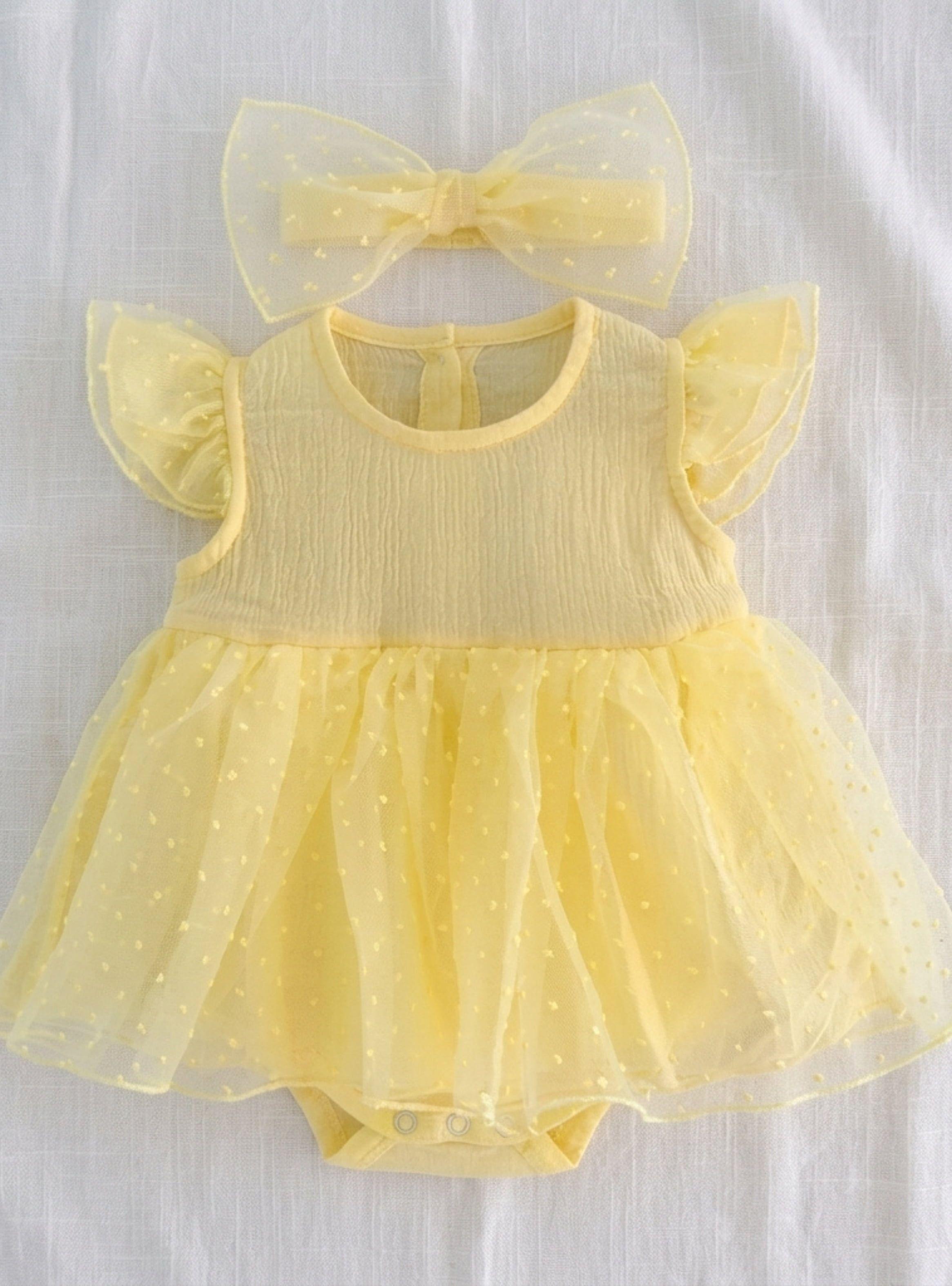Conjunto Vestido Body Bebé Niña Pequeña Luz Tutú Algodón Bautizo Cumpleaños + Cintillo-1