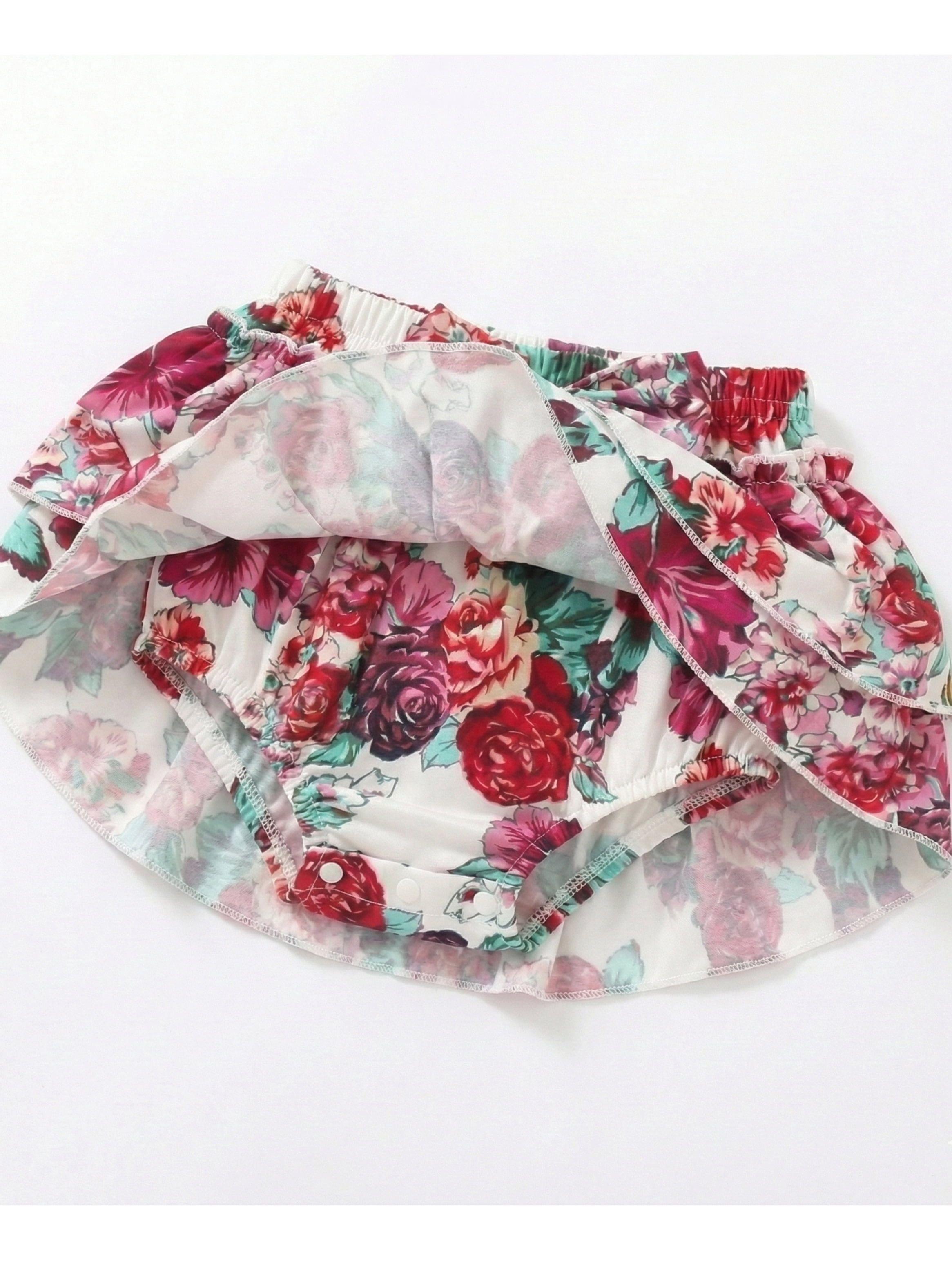 CONJUNTO BODY Y CUBREPAÑAL BEBE NIÑA PEQUEÑA LUZ FLOREADO MORADO Y ROJO-3