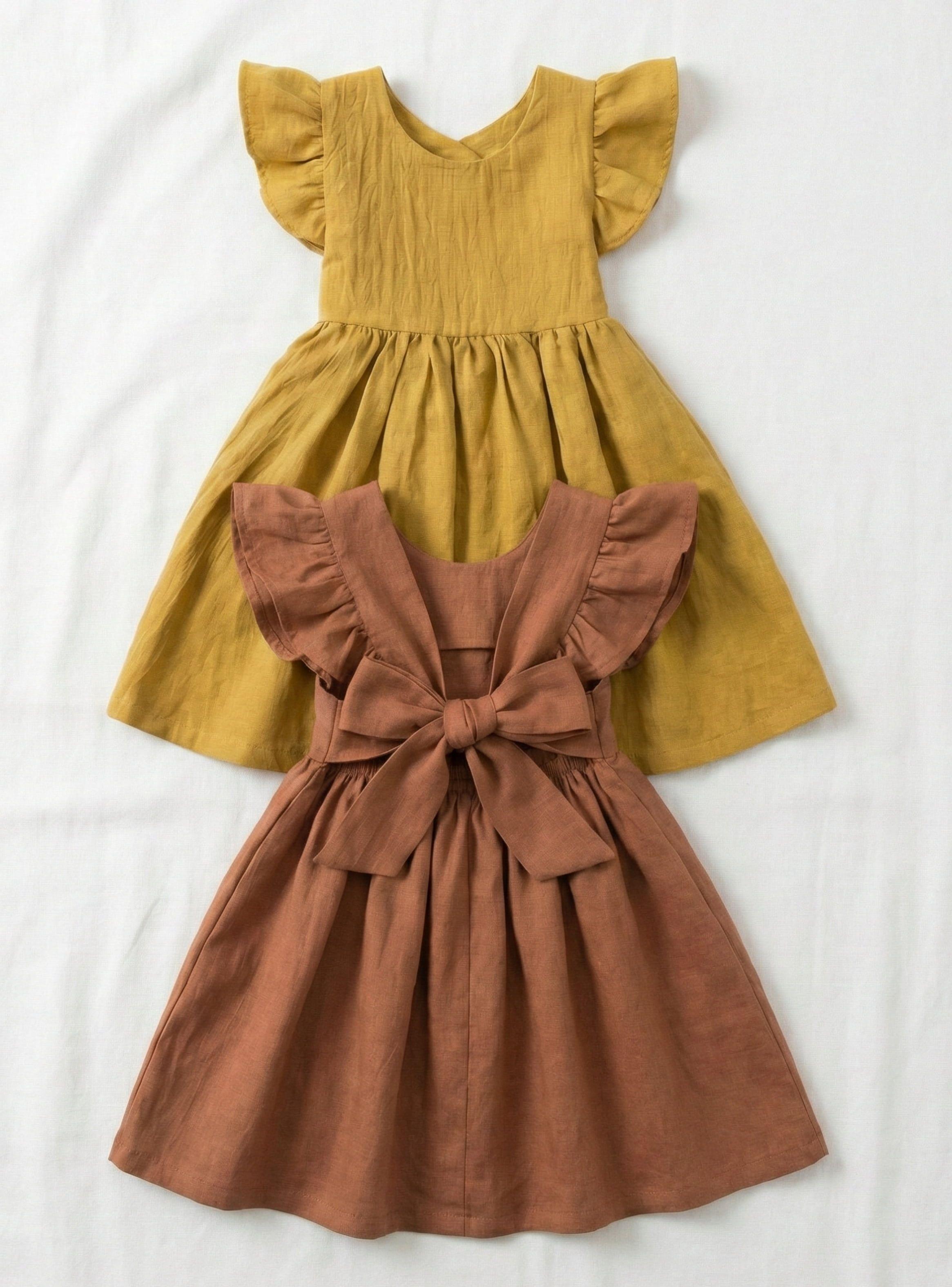 VESTIDO BEBE NIÑA PEQUEÑA LUZ EN AMARILLO Y MARRON, TELA LINO-1