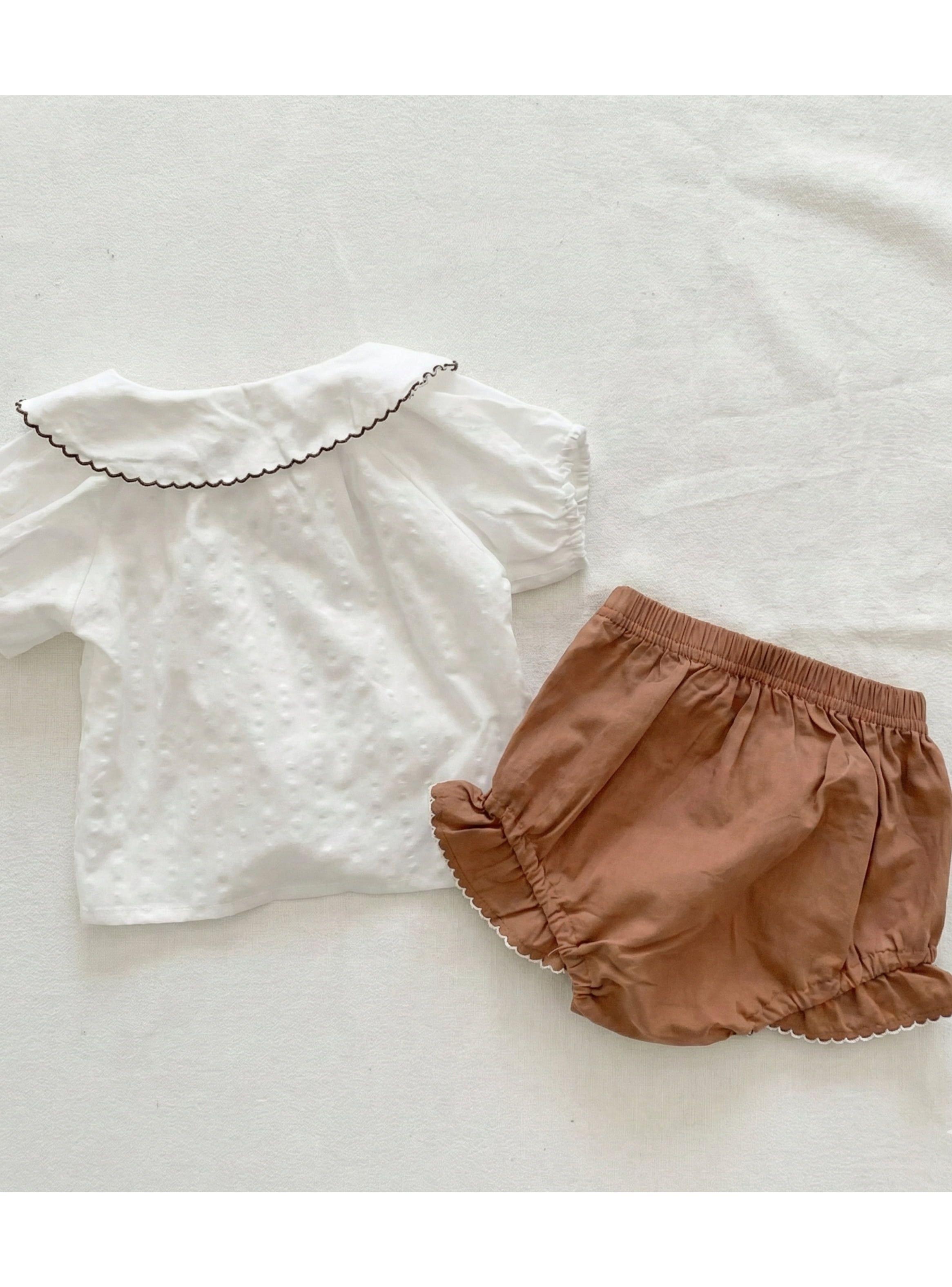CONJUNTO BEBÉ NIÑA PEQUEÑA LUZ CUBREPAÑAL BOMBACHO CAFÉ MÁS BLUSA-4