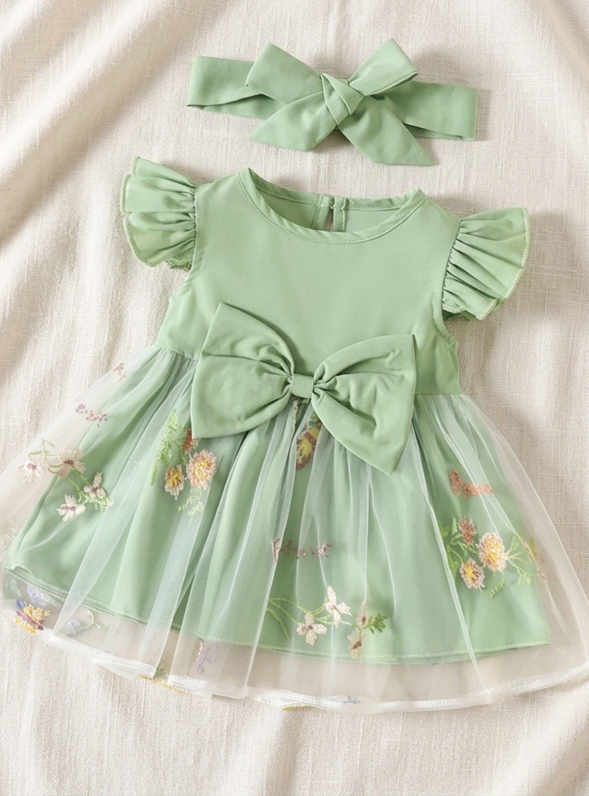 Vestido Bebé Niña Fiesta Tul Bordado Flores Verde Menta Con Cintillo - Pequeña Luz (12-18 Meses)-1