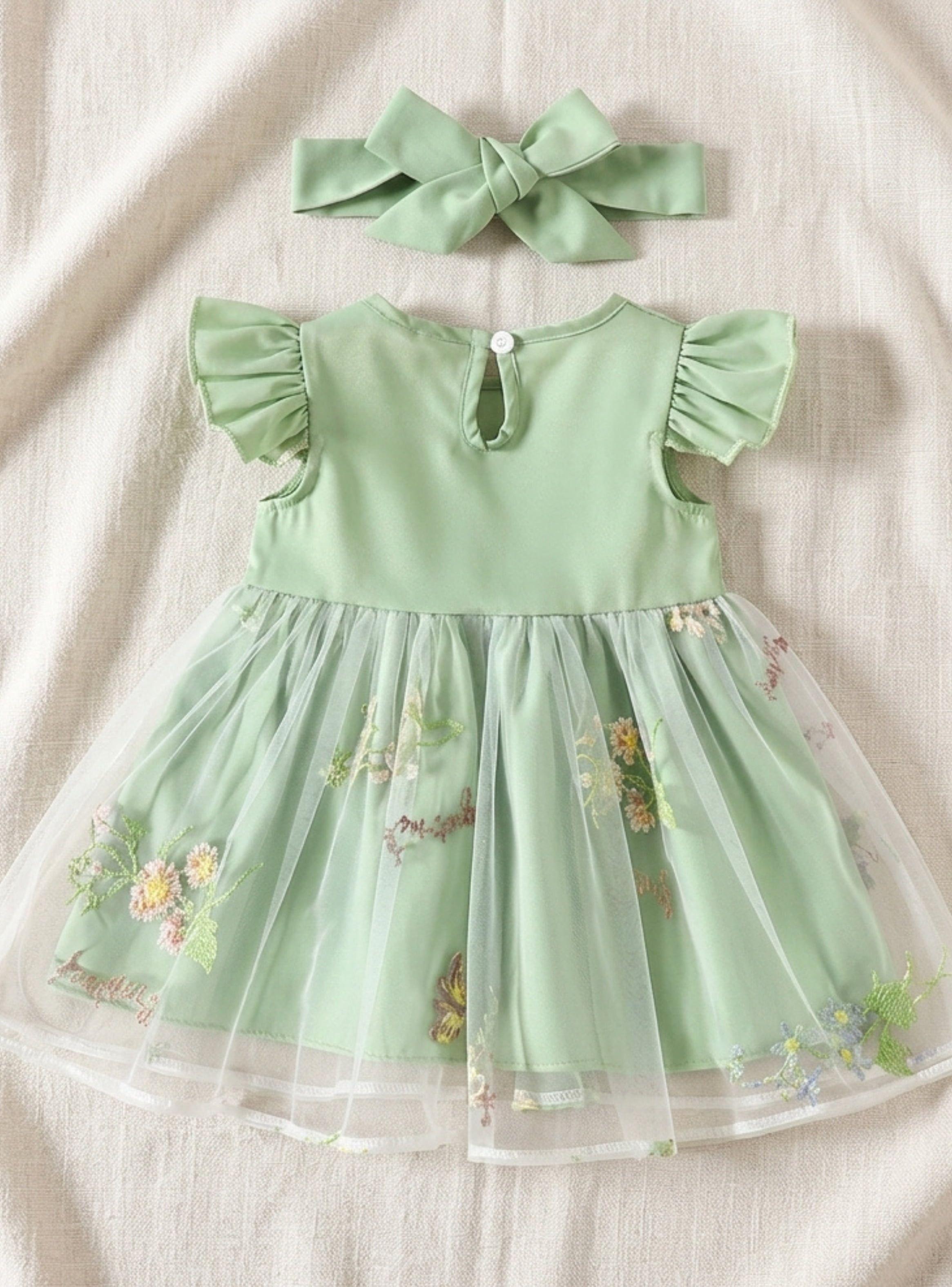 Vestido Bebé Niña Fiesta Tul Bordado Flores Verde Menta Con Cintillo - Pequeña Luz (12-18 Meses)-4